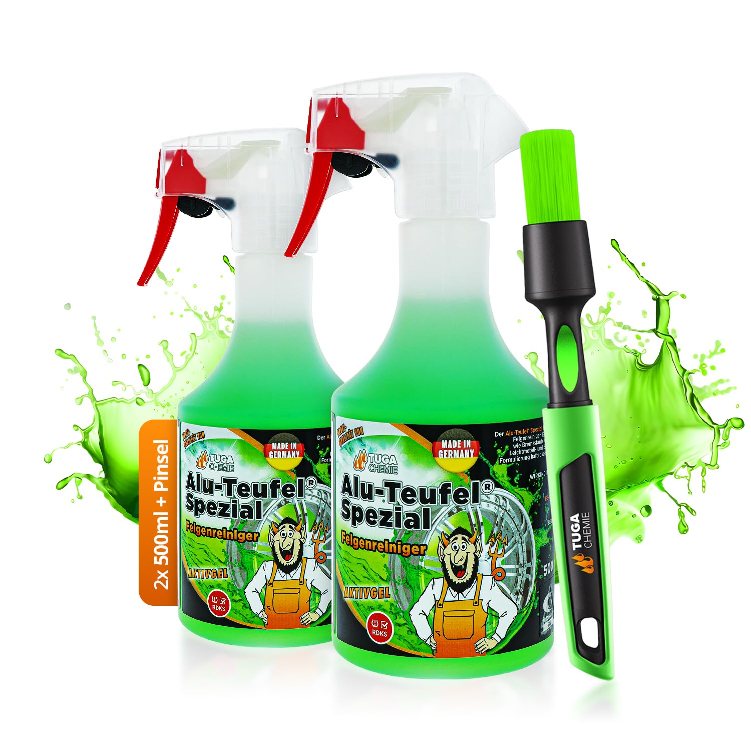 TUGA Alu-Teufel Spezial 2 x 500 ml Felgenreiniger - Made in Germany - Aktiv-Gel für glänzende Alufelgen dank säurefreier Schmutzentfernung, Grün und original Tuga Felgenpinsel Angebot bei HelloDeals