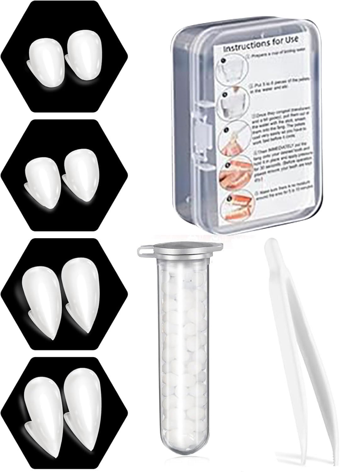 4 Pairs Vampir Zähne Kit 4 Größen Vampirzähne Halloween Cosplay Vampir Fangs Gefälschte mit 1 Rohr Zähne Pellets Klebstoff für Party Cosplay, Halloween, Demon, Witch Angebot bei HelloDeals