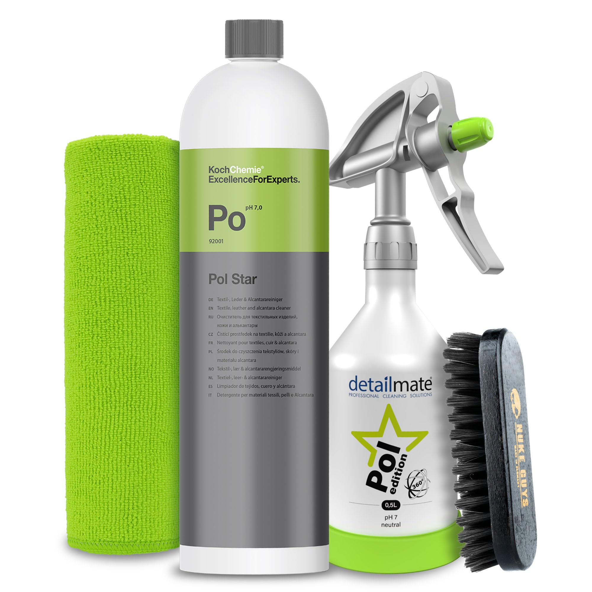 Detailmate Set - Koch Chemie Pol Star - Textil-, Leder & Alcantarareiniger 1 L - detailmate made by Kwazar 360 Grad Sprühflasche 0,5 L, Mikofasertuch 40x40cm - Bürste für Alcantara & Leder weiche Bürste für Alcantara und Leder Angebot bei HelloDeals