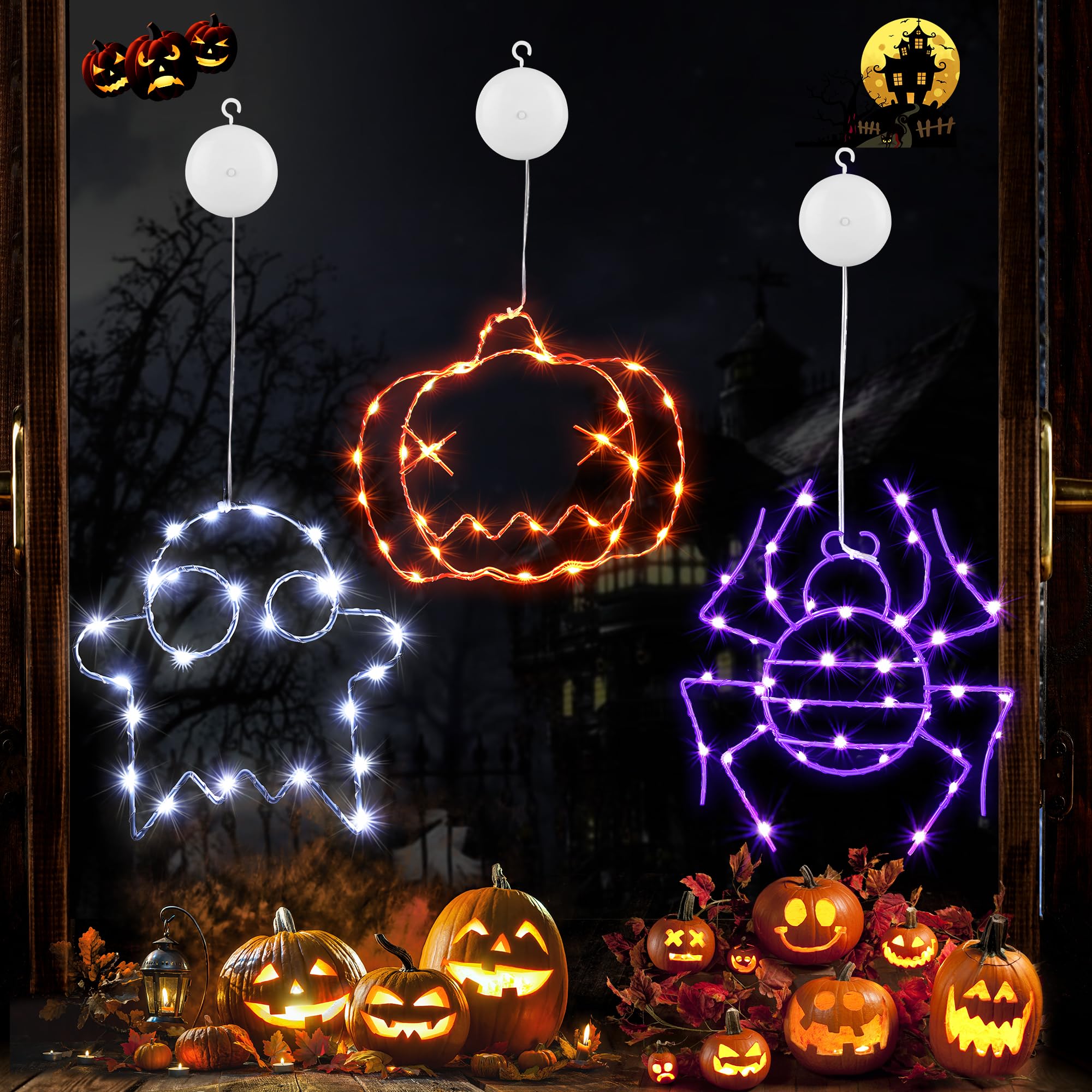 Joomer Fensterdeko Halloween Outdoor 3 Stück Fensterlichter Batteriebetriebene Orange Kürbisse Lila Spinne Weiß Geister 8 Modi Timer Halloween Lichterkette für Innen Tür Haus Balkon Party Orange Lila Weiß Angebot bei HelloDeals