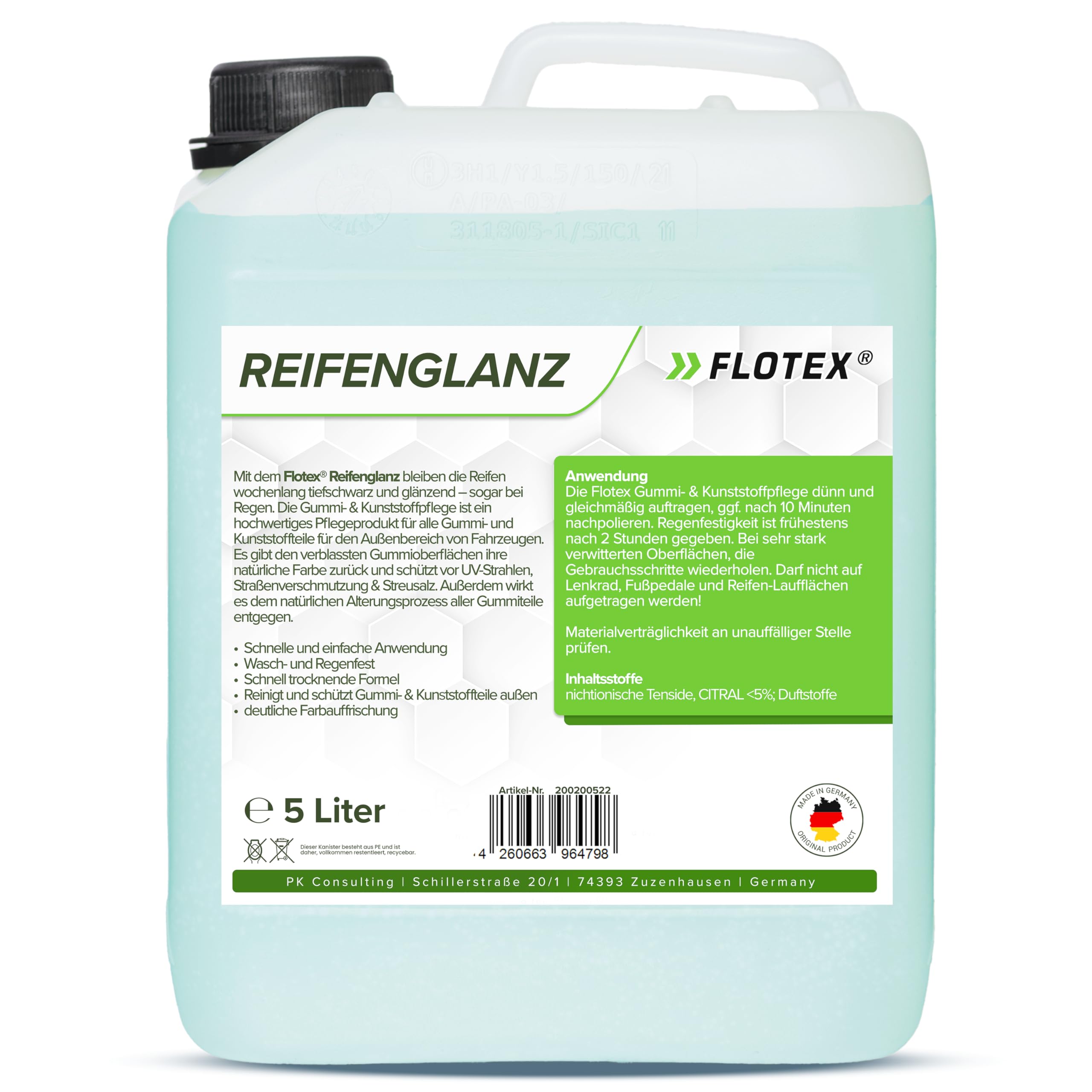 Flotex® 4 x 5L Reifenglanz - Auto Kunststoffpflege & Gummipflege für Außen - Schwarz - Reifenpflege für Reifenglanz - Autoreifen Pflege und Reifen Reiniger - Reifenschwarz Auto 4 x 5 Liter Angebot bei HelloDeals