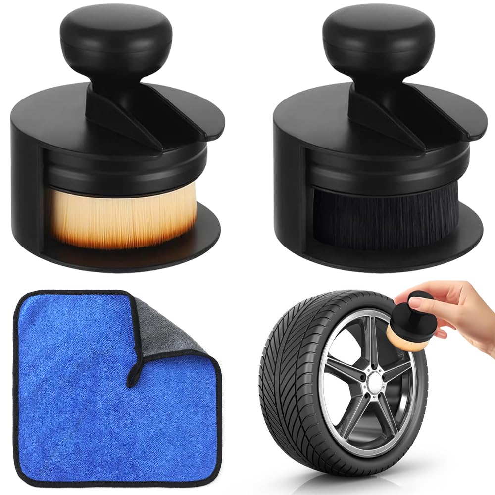 Reifenglanz Applikator Bürste, 2 Stück Reifenpflege Auto Bürste mit Ständer und Mikrofasertuch, Detailing Pinsel Tire Dressing Applicator für Professionelle Reifenpflege remium Innenraumspflege Angebot bei HelloDeals