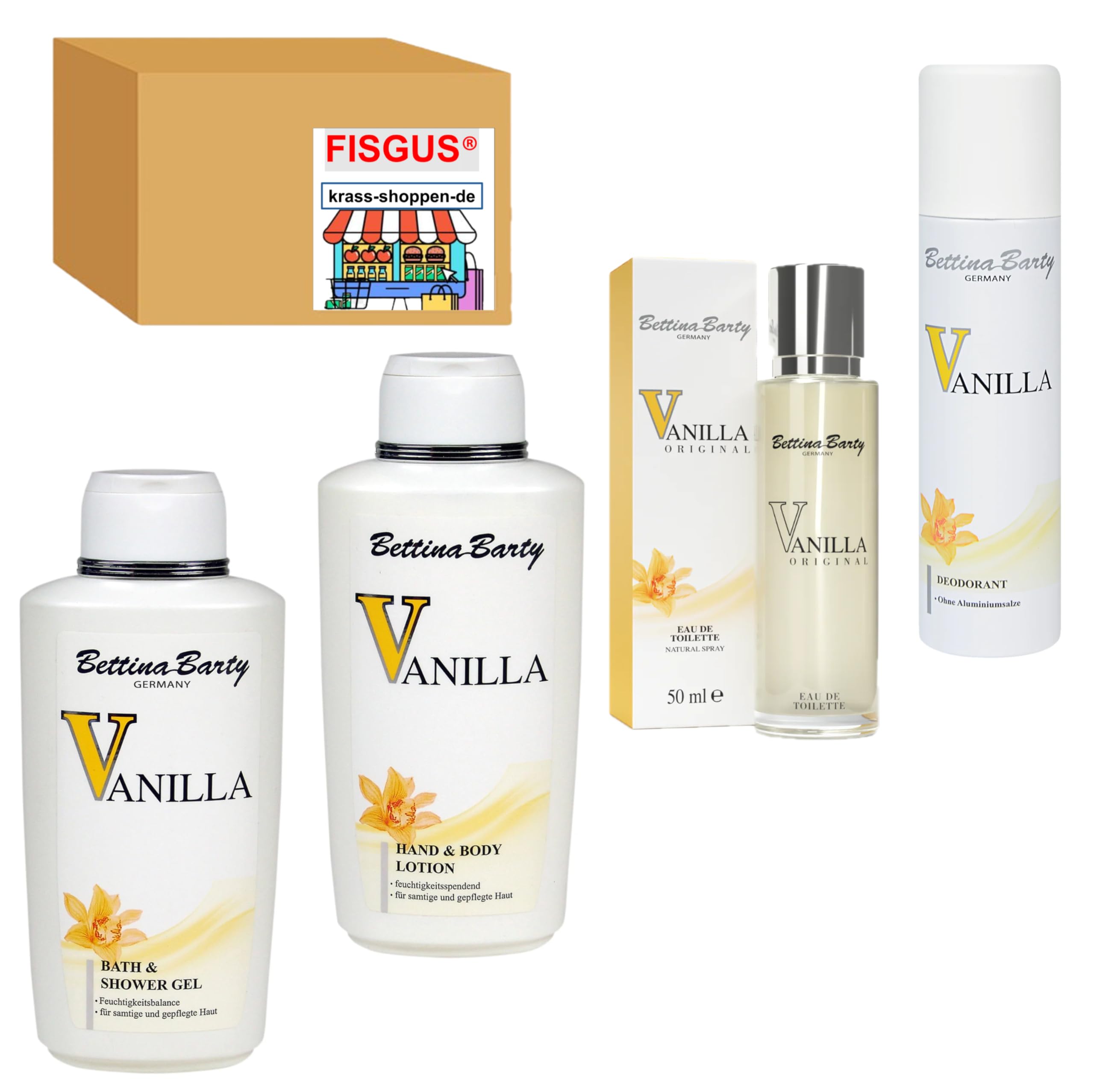 Bettina Barty Vanilla Pflege-Serie, Bath & Shower Gel 500ml - Hand & Body Lotion 500ml - Deo Spray 150ml - EdT 50ml - Zusammengestellt von FISGUS® by krass-shoppen-de Angebot bei HelloDeals