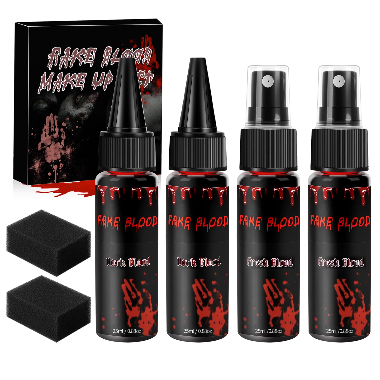 Kunstblut Halloween Set, 50ML Kunstblut Spray, 50ML Tropfendes Kunstblut und 2 Dicke Grober Schwamm, Waschbar Kunstblut, Halloween Vampir Zombie SFX Makeup Set für Wunden Narben Schminke 6 PCS Angebot bei HelloDeals