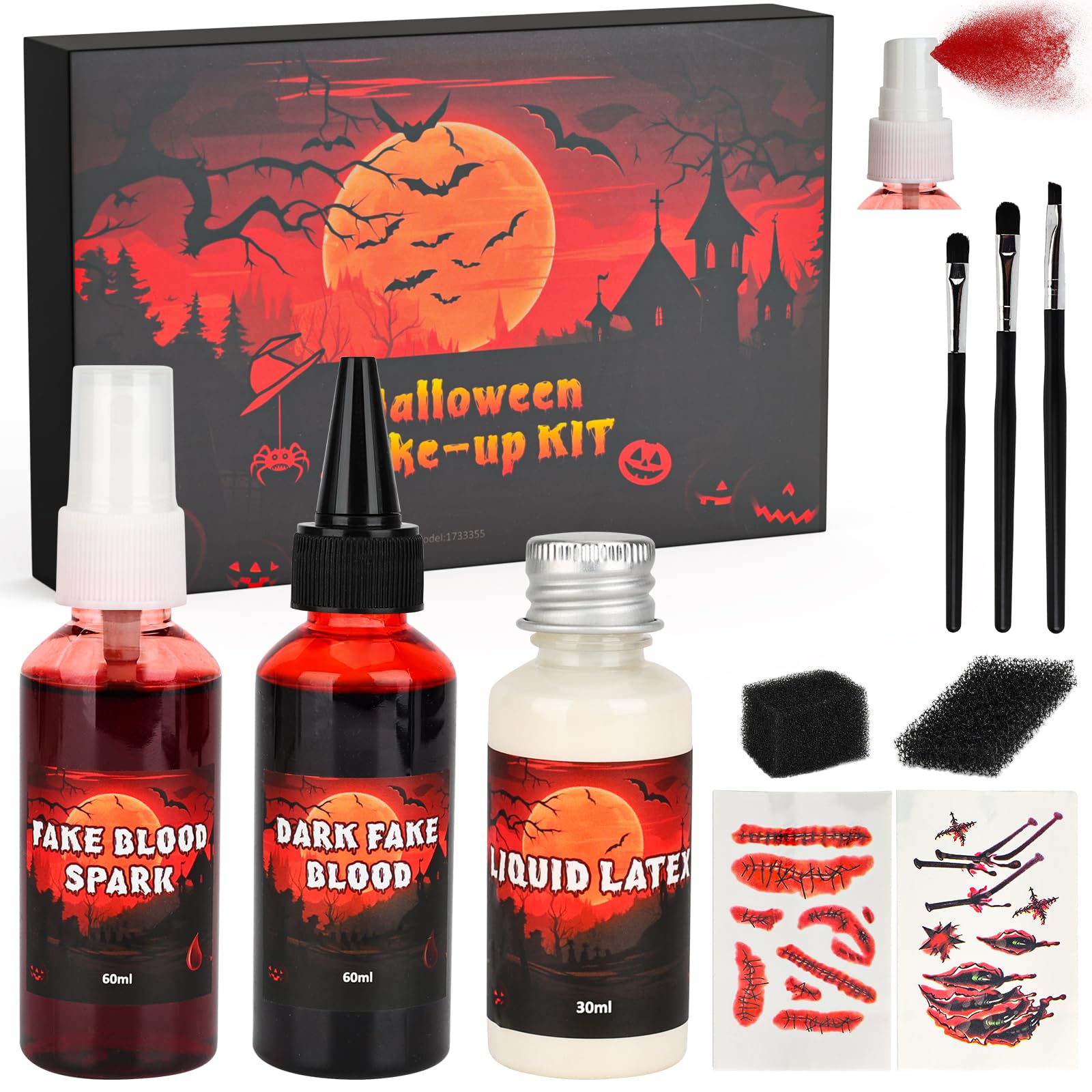 Kunstblut Halloween, Halloween Schminke Set, 60ml Kunstblut Spray+60ml Tropfendes Kunstblut+30ml Flüssiges Latex+2 Narbe Sticker, Abwaschbar Fake Blut Set für SFX Makeup Zombie Vampir Cosplay Angebot bei HelloDeals