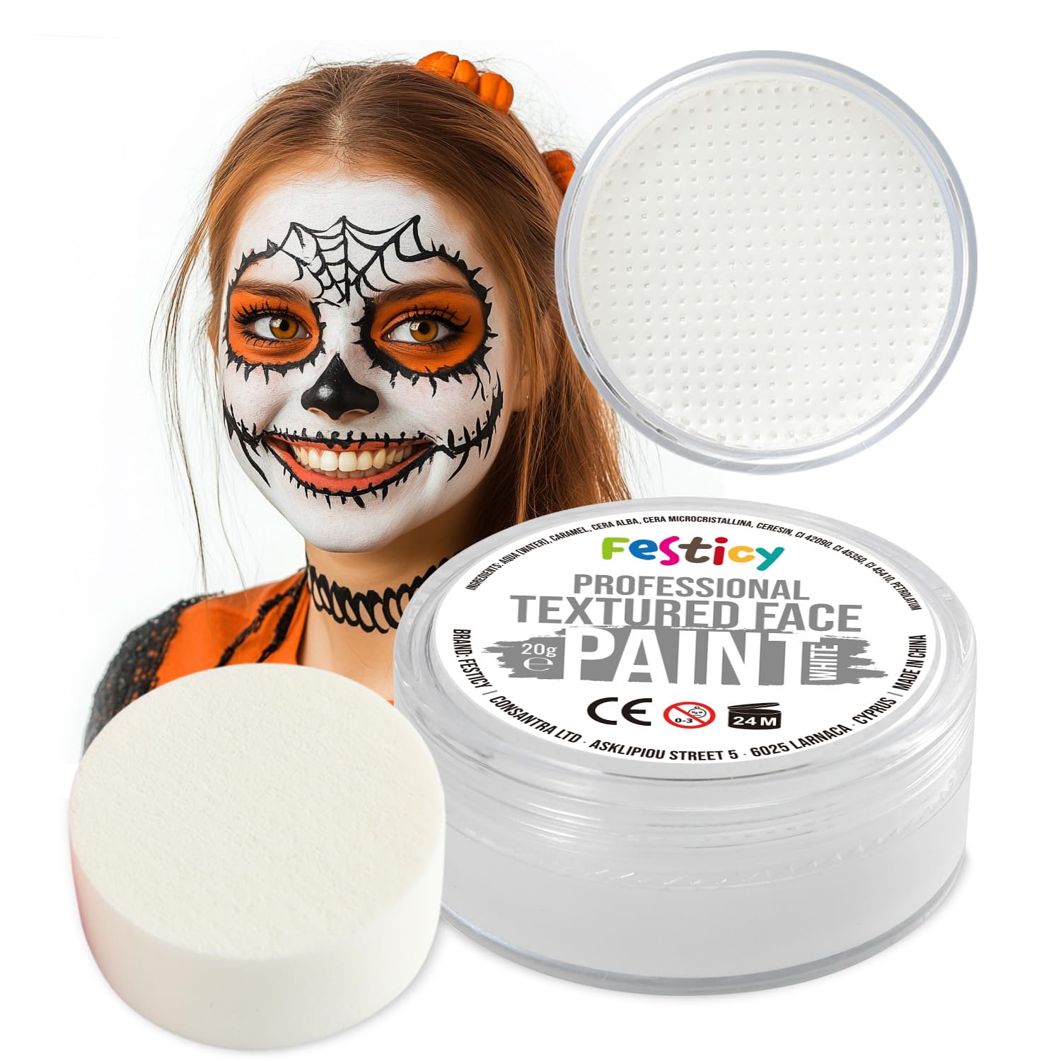 Festicy Profi Theaterschminke Weiß, 20g, inkl. Schwamm | Halloween Schminke 2025 & Karneval | EN 71-3 & Reach Zertifiziert | Kinderschminke für mind 30 Gesichter I Vampir, Geist, Clown, Face paint Angebot bei HelloDeals