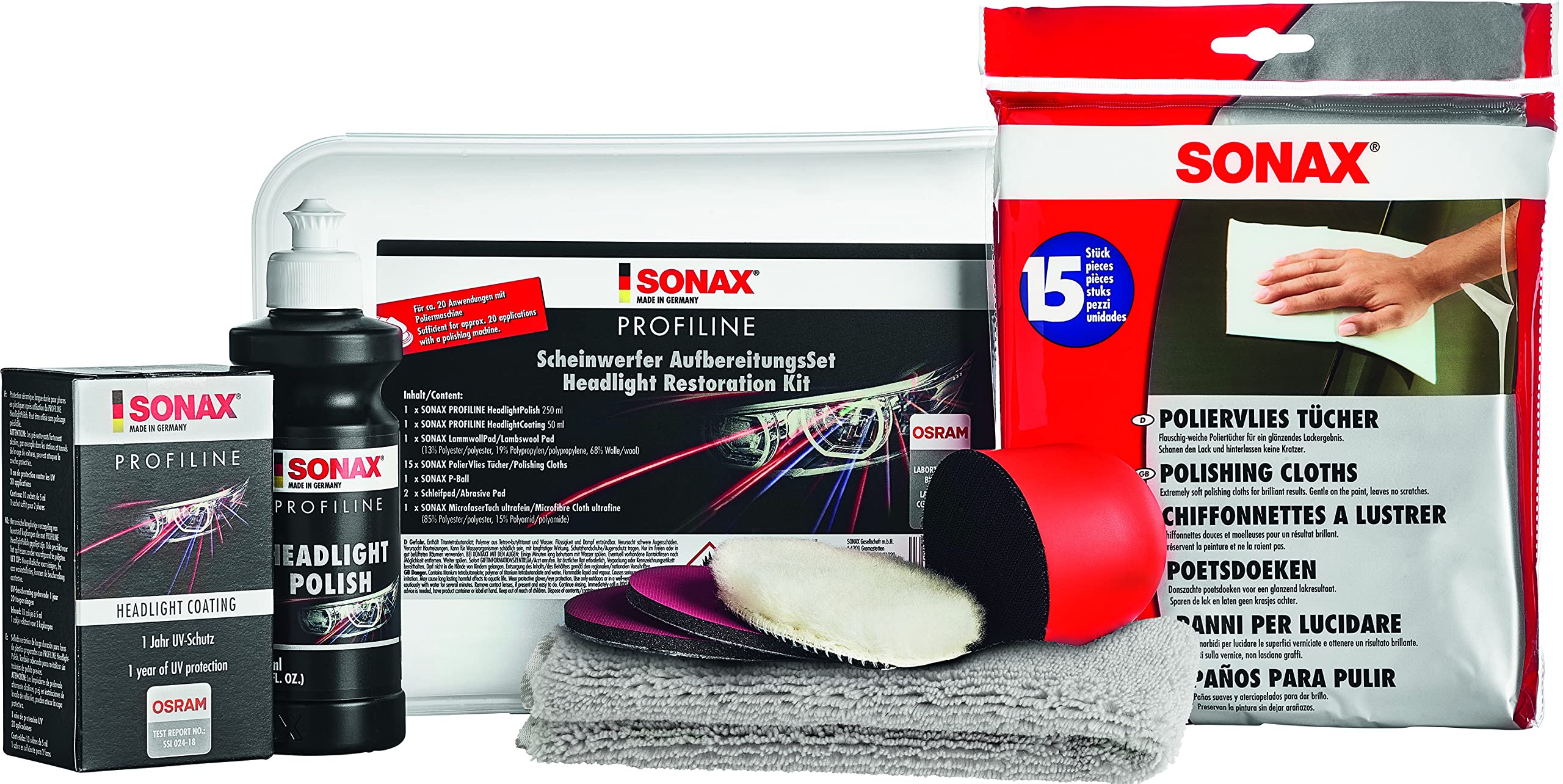 SONAX PROFILINE ScheinwerferAufbereitungsSet (325 ml) Aufbereitung von altersbedingt vergilbten und vermatteten Scheinwerfer-Abdeckungen aus Kunststoff, Art-Nr 04057410 Angebot bei HelloDeals