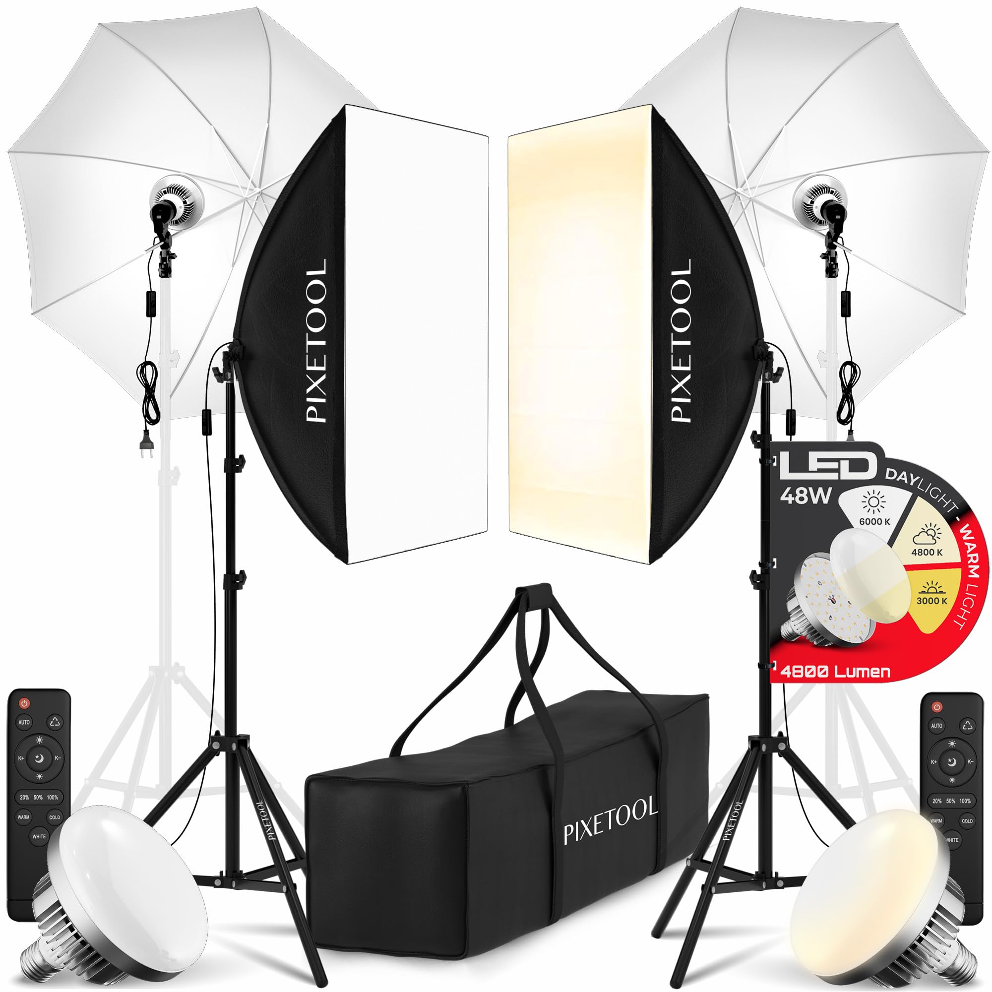 PIXETOOL Fotostudio Set – 2 Softbox 70x50 cm, 2 Durchlichtschirm, 2 LED Lampen 4800 Lumen 3000-6000K Licht – Softboxen - Fotolicht Videolicht Fotolampe – Light Streaming Video Fotografie Studiolicht Softbox Set XL Angebot bei HelloDeals