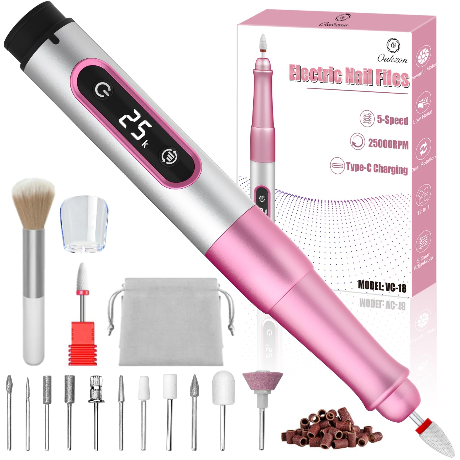Oukzon Nagelfräser Kabellos, 13 in 1 Elektrische Nagelfeile Fräser für Gelnägel, Nagelfräser für Gelnägel 25000 U/Min, USB Wiederaufladbare Maniküre Set Elektrisch, 5 Gear Electric Nail Drill Angebot bei HelloDeals