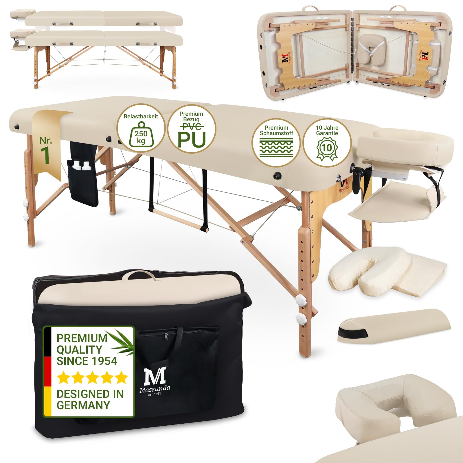 MASSUNDA – Mobile Comfort Deluxe Massageliege klappbar & höhenverstellbar – EXTRA breiter Massagetisch aus Vollholz – Massagebank mit ergonomischer Kopfstütze, Bezug, Armlehne, Kissen (Creme) Angebot bei HelloDeals