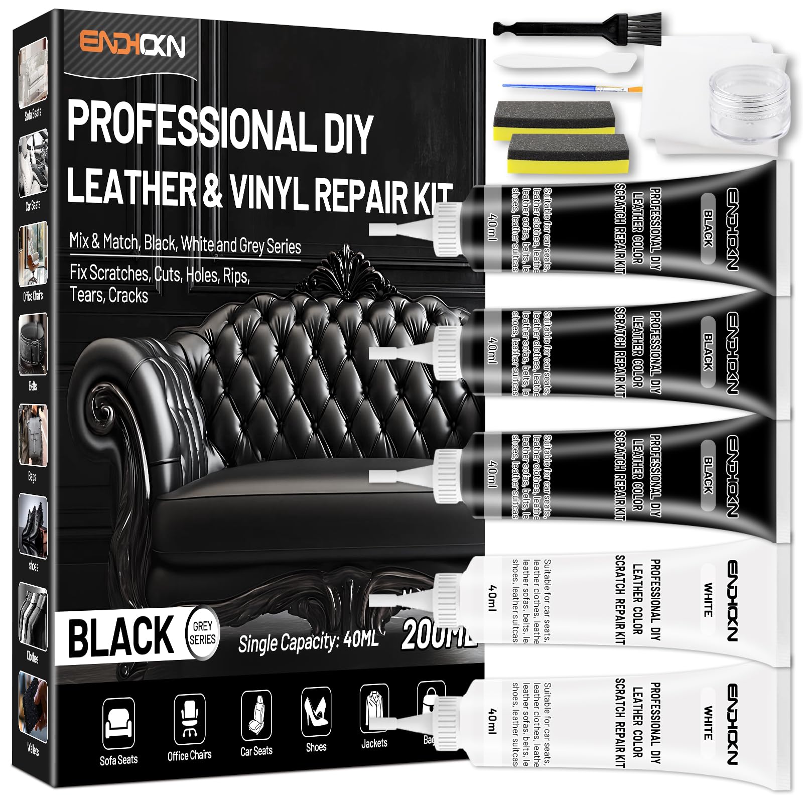 Endhokn Leder Reparatur Set, 3 Schwarz 2 Weiß Kunstleder Reparaturset Schwarz Fix Kratzer Schnitte Risse Löcher Flüssigleder für Autositze, Sofa, Jacke, Taschen, Geldbeutel, Gürtel, Möbel Graue Serie Angebot bei HelloDeals