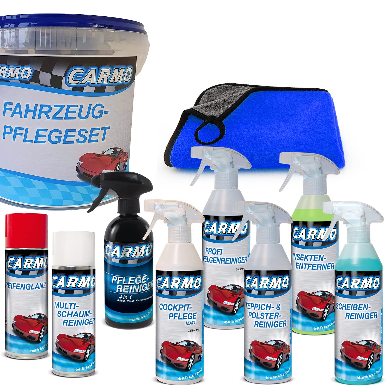 CARMO Autopflegeset Basic | 9-teilig | Außen- und Innenreinigung | Komplettset zur Fahrzeugwäsche | Geschenkset | inkl. Mikrofasertuch | inkl. Aufbewahrungseimer Angebot bei HelloDeals