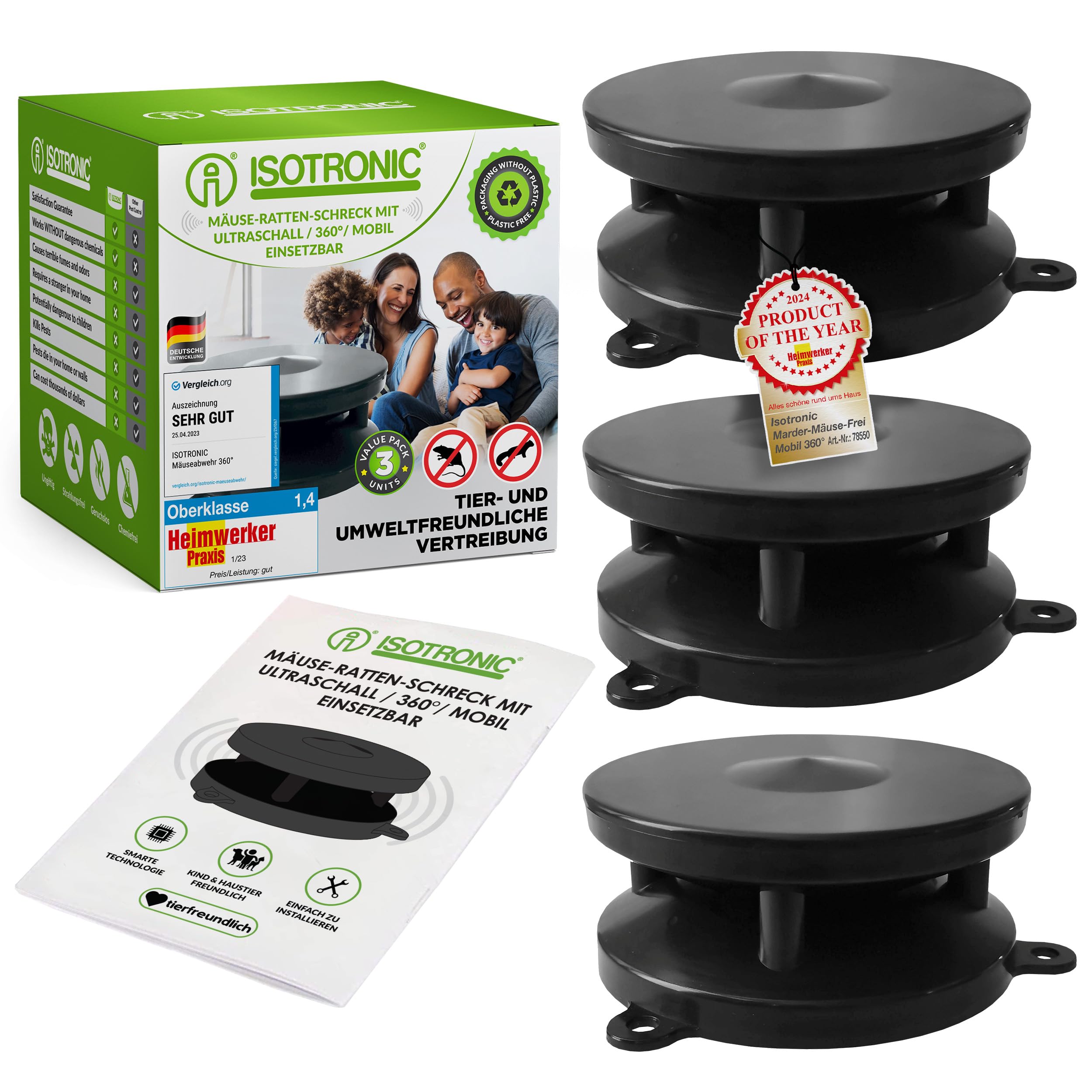ISOTRONIC Mäuseschreck Marderabwehr Mobil 360°mit Ultraschall | für Haus, Garage, Dachboden | vertreibt Marder, Mäuse, Ratten, Siebenschläfer - 3 Stück Angebot bei HelloDeals