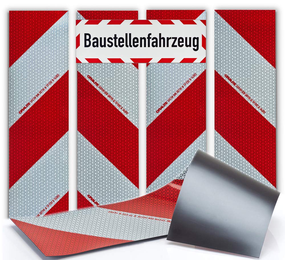 UvV Kfz-Warnmarkierung im Set DIN 30710 für 1 KFZ mit 4 Streifen - 4x141x564 magnetisch + Magnetschild Baustellenfahrzeug 45x15cm Magnet + Zusatzschild 45x15 Angebot bei HelloDeals