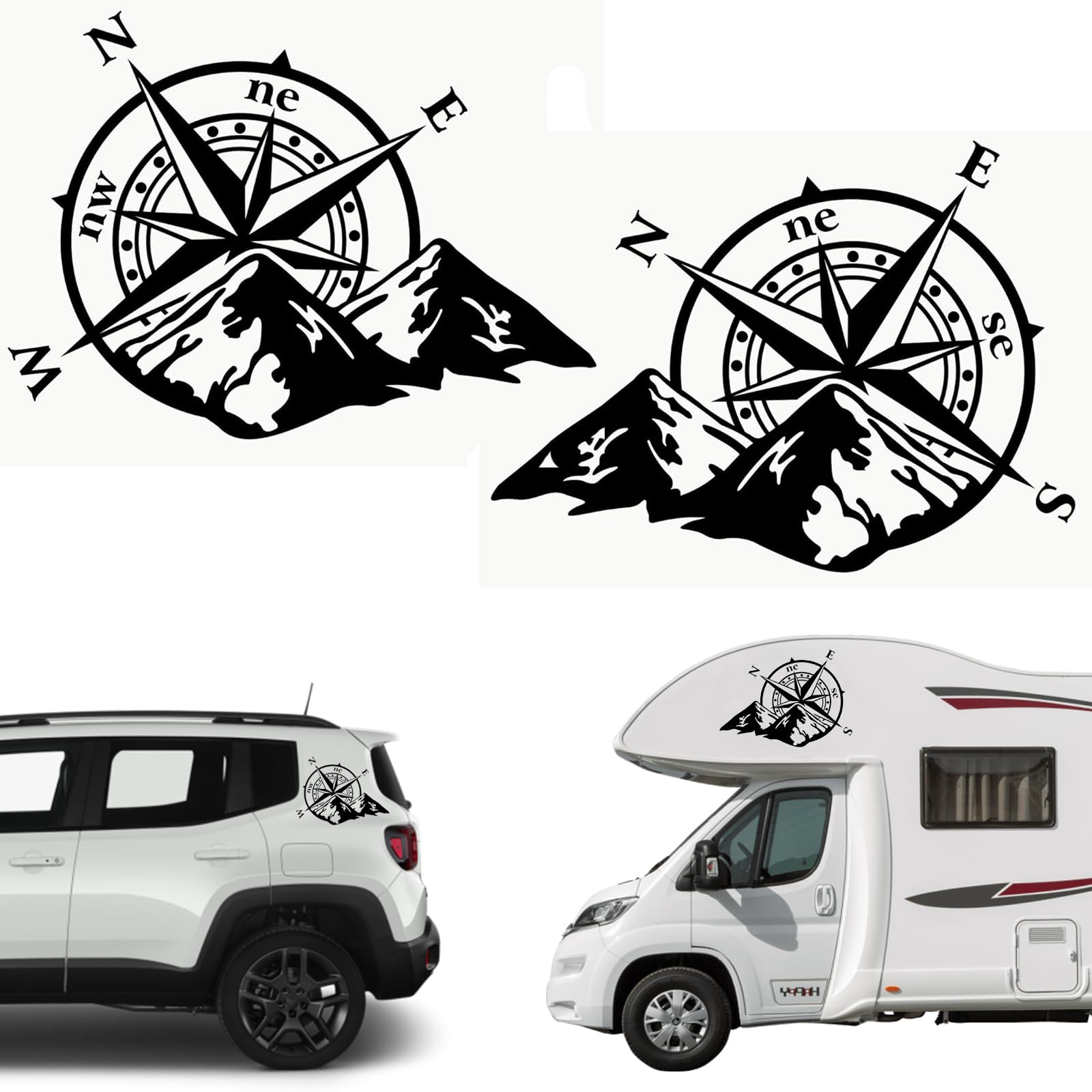 Longivia® 2 Stück Kompass Aufkleber verschiedene Größen (27x21cm oder 40x32cm) für Camper Wohnmobil Auto - Windrose Autoaufkleber mit Berge – Offroad 4x4 Sticker (Schwarz) 27cm x 21cm Schwarz Angebot bei HelloDeals