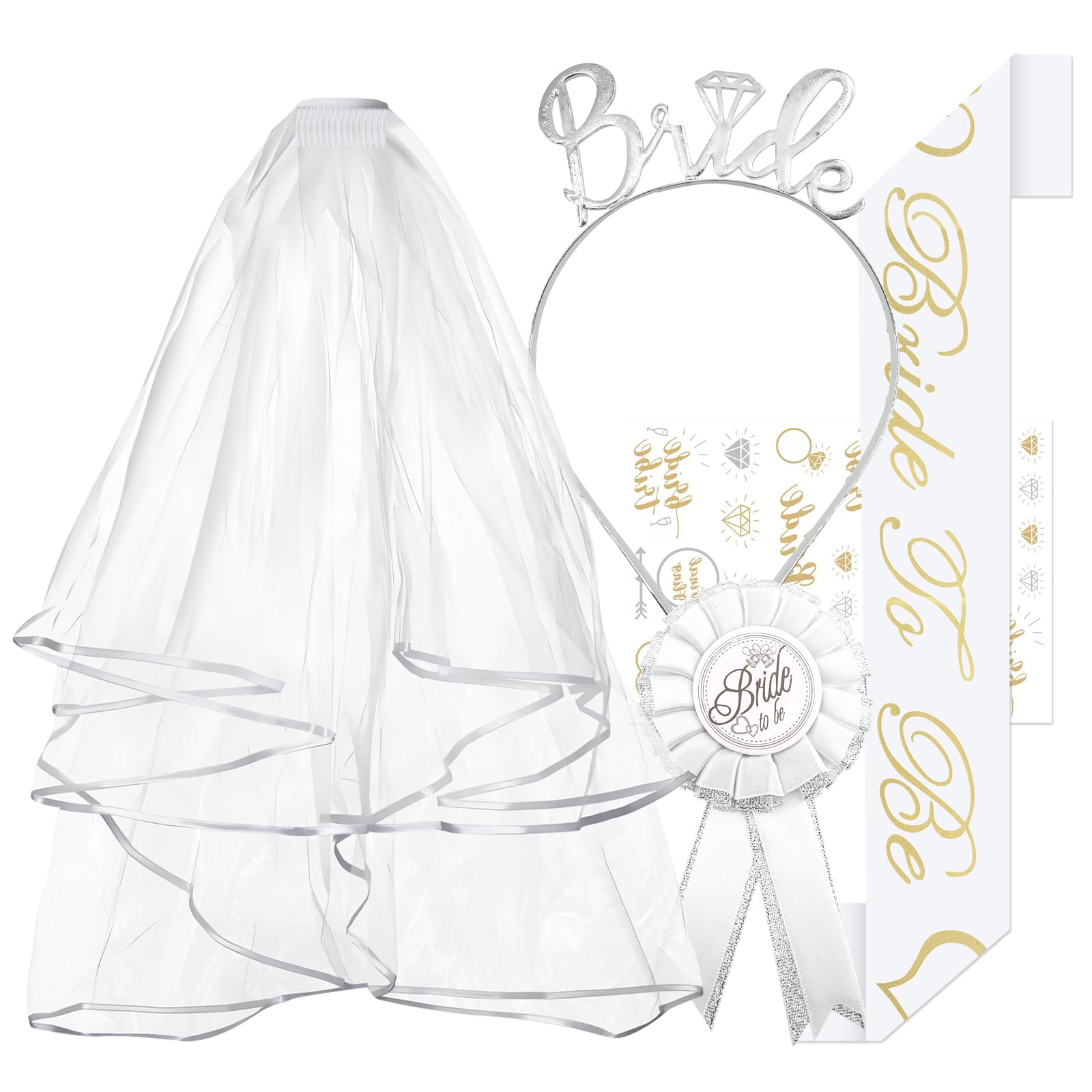 5 Stück JGA Accessoires Frauen, JGA Deko für Junggesellenabschied Frauen - Bride to Be Schärpe, Schleier JGA, Braut Haarreif, Brustabzeichen, Sticker für Brautparty und Hochzeitsfotografie Angebot bei HelloDeals