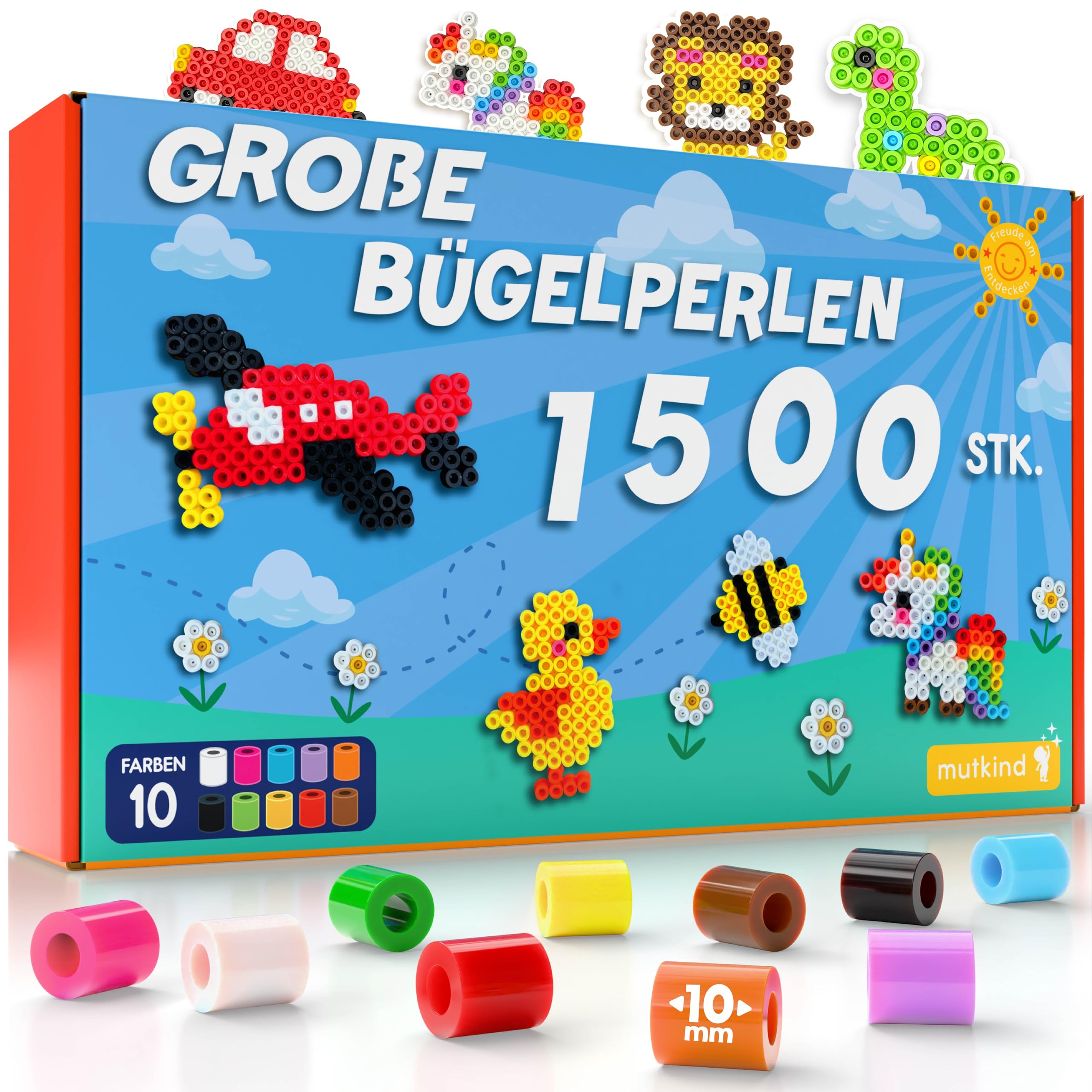 MUTKIND® 1500x Bügelperlen Groß 10mm [10 Tolle Farben] - Für Kinder ab 3 Jahren - Extra Leicht zu Greifen - XL Große Bügelperlen Maxi Steckperlen Set - Inkl. 50 kreativen Vorlagen zum Download 1500 Stück Angebot bei HelloDeals