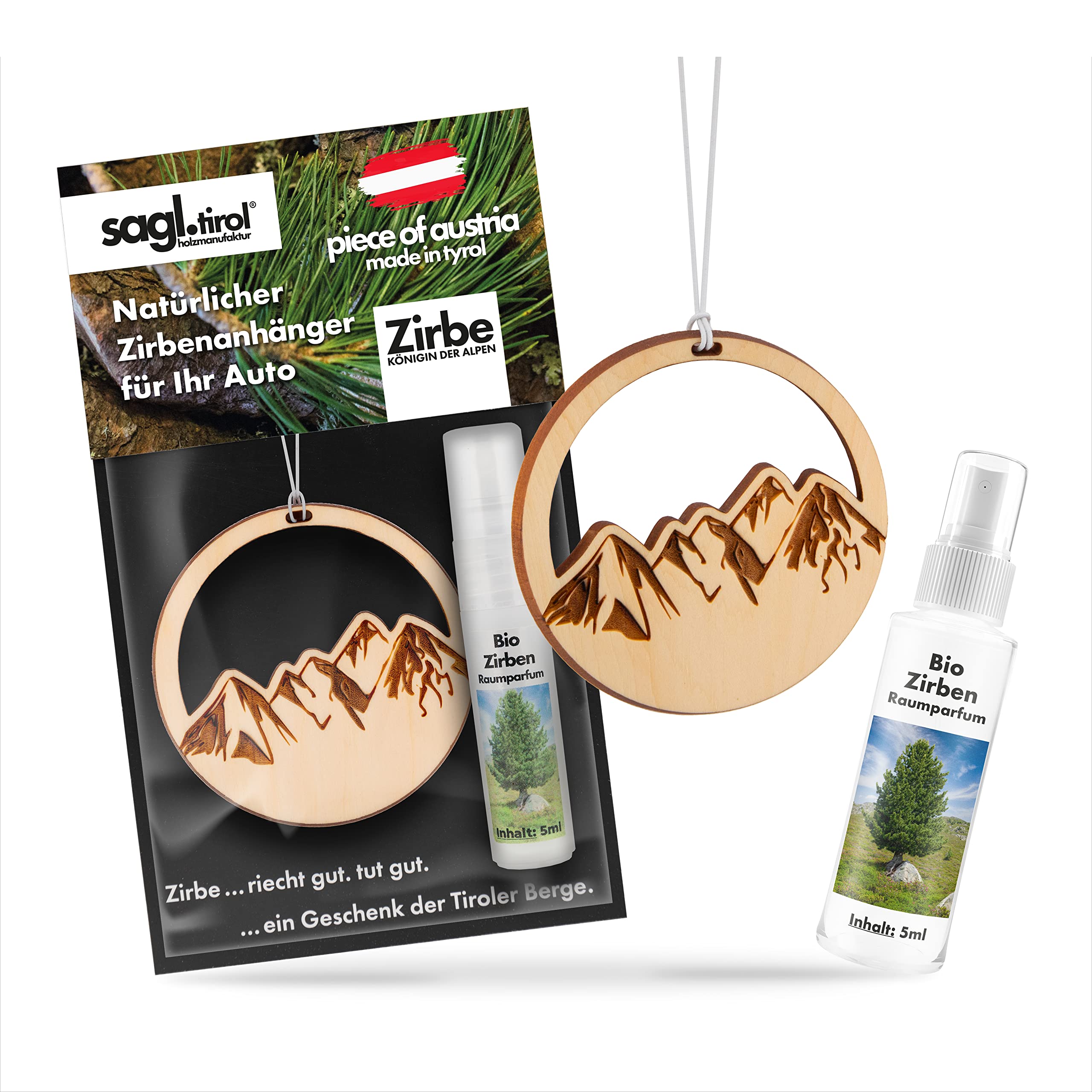 sagl.tirol Auto Duft aus Zirben Holz [100% Bio] inkl. Zirben Raum Parfüm 5ml I verschiedene Motive I natürlicher Auto Duftbaum I Auto Duft Innenraum I Auto Lufterfrischer I Autoduft I Berglandschaft Angebot bei HelloDeals
