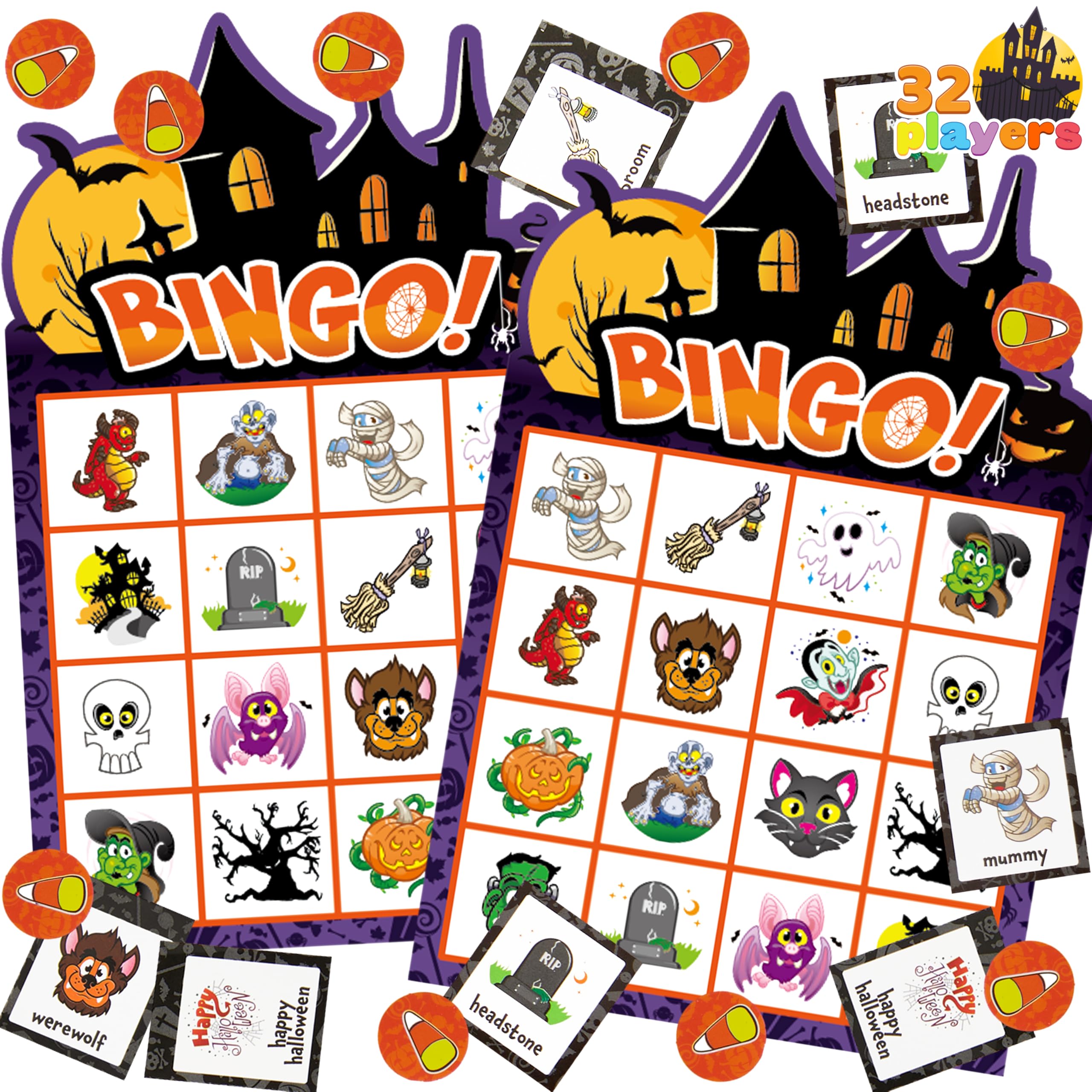 JOYIN 32 Halloween-Bingo-Spielkarten (4x4 und 5x5) – 16 Spieler für Halloween-Party-Kartenspiele, Spiele für die Schule, „Süßes oder Saures“, Halloween-Partyzubehör, Familienaktivität Klassisch Angebot bei HelloDeals