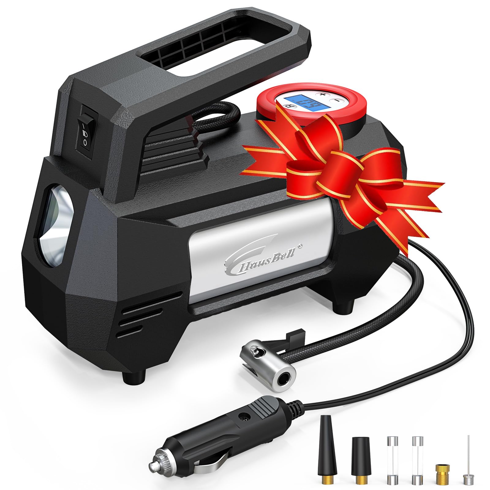 HAUSBELL Reifenkompressor 12V – Digitale Luftpumpe 150 PSI mit Abschaltautomatik, LED-Notlicht & Ventiladapter – Tragbares Autozubehör für schnelles Aufpumpen (Schwarz) Angebot bei HelloDeals