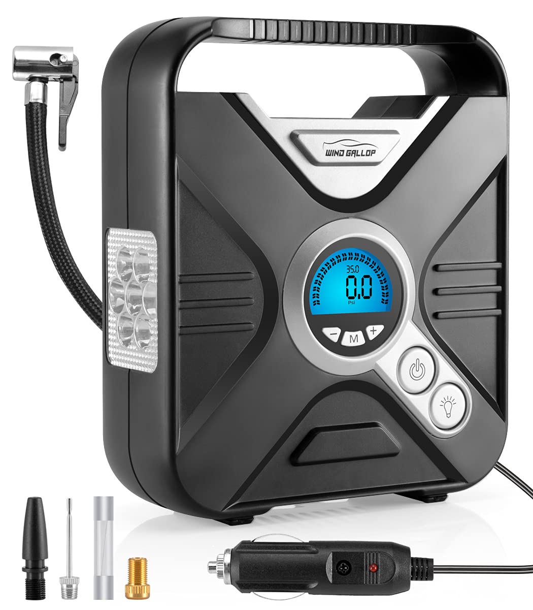 WindGallop Luftkompressor 12V Kompressor Auto Luftpumpe Autoreifen Pumpe Mobile Kompressoren Luftpumpen Kfz Kompressor Luftpumpe Fahrrad Elektrisch mit Ventiladaptern, Manometer und LED-Licht Silber Angebot bei HelloDeals