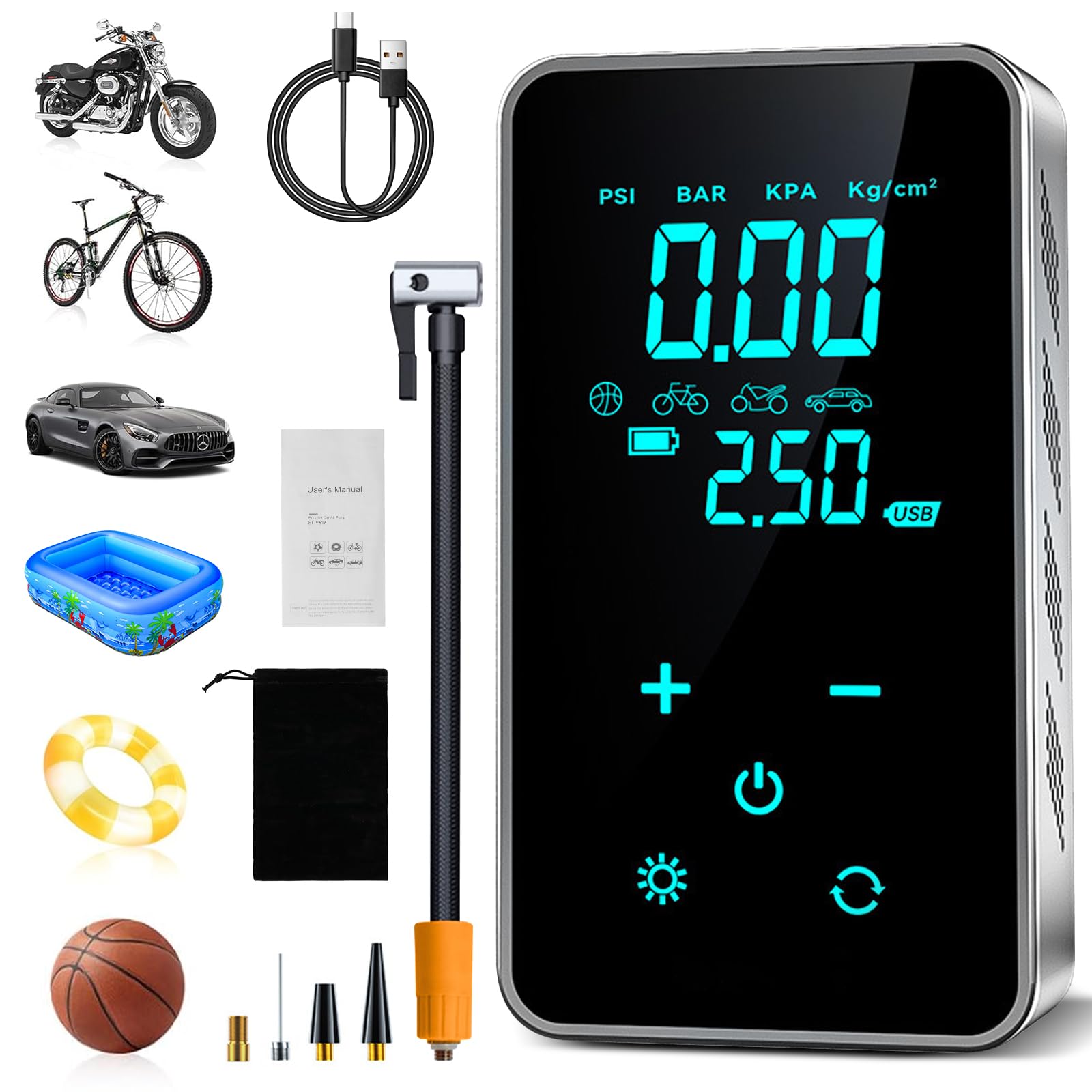 HyAdierTech Elektrische Luftpumpe,150PSI Tragbar Mini Kompressor mit Digitale Anzeige, Elektrischer Kompressor Fahrradpumpe mit USB/LED-Licht, USB-Powerbank Multifunktions für Auto, Fahrrad, Motorrad Angebot bei HelloDeals