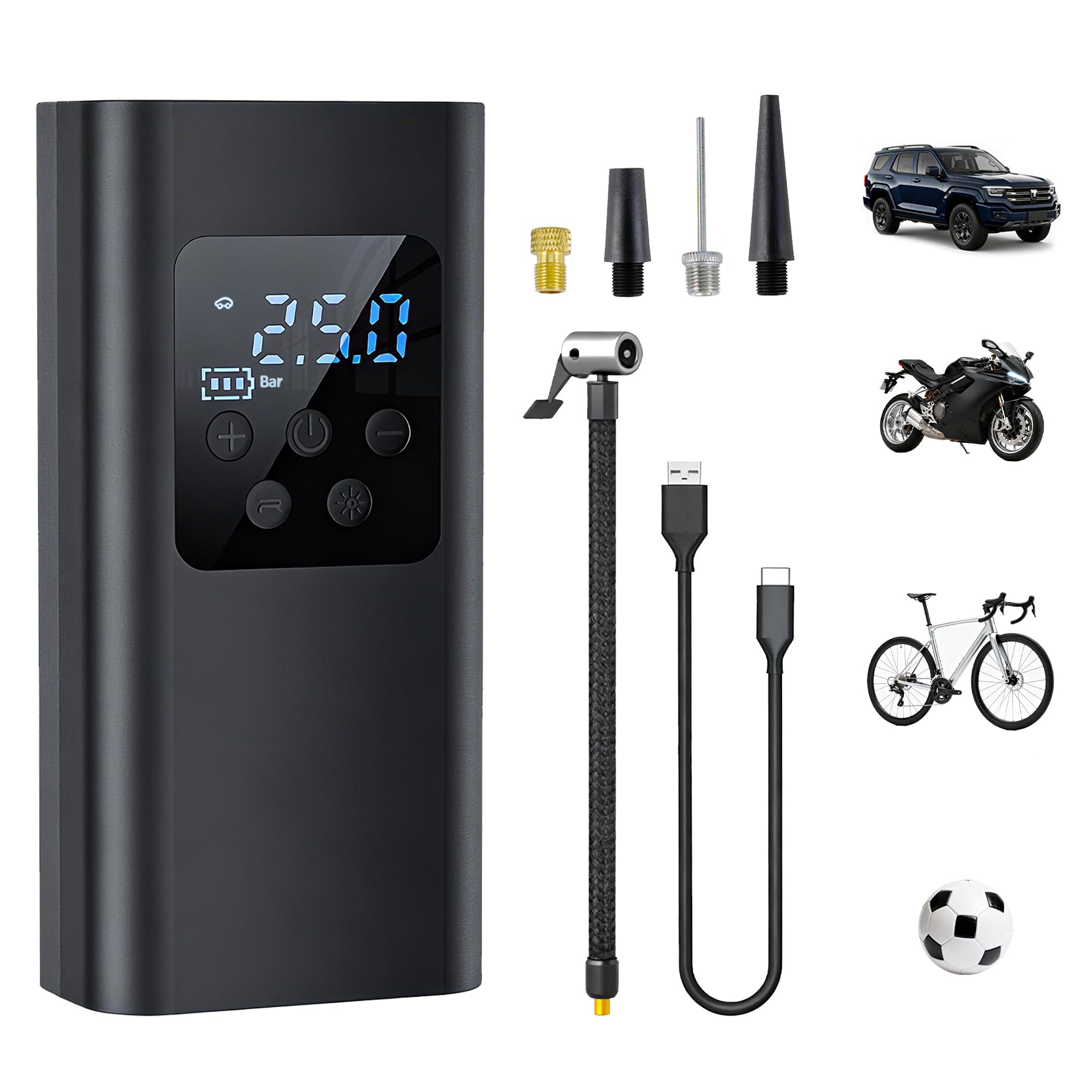 Qingning Kabelloser Elektrische Luftpumpe 150PSI, 6000mAh Akku Kompressor, Reifenpumpe mit LED-Licht & Auto-Stopp, Mini Tragbare Fahrradpumpe Luftkompressor mit 4 Düsen für Auto Fahrrad Motorrad Bälle Angebot bei HelloDeals