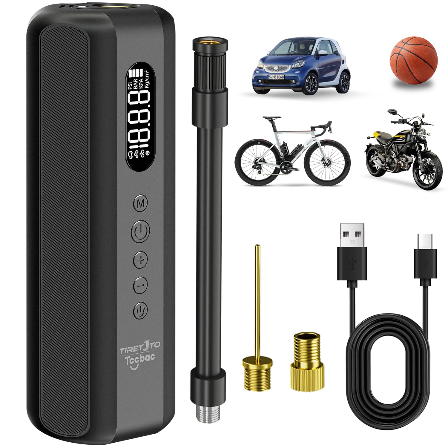 Tccbac Fahrradpumpe Elektrisch 5200mAh Elektrische Luftpumpe 10Bar Mini Akku Kompressor mit Manometer für Alle Fahrräder Motorräder und Autos Schwarz Angebot bei HelloDeals