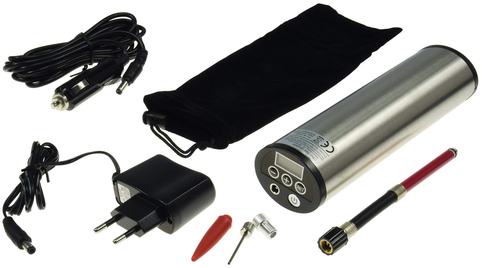 Chilitec Akku Luftpumpe Kompressor Reifenpumpe mit Display wiederaufladbar 12V / 230V Inklusive Ladegerät 3 Adapter Angebot bei HelloDeals