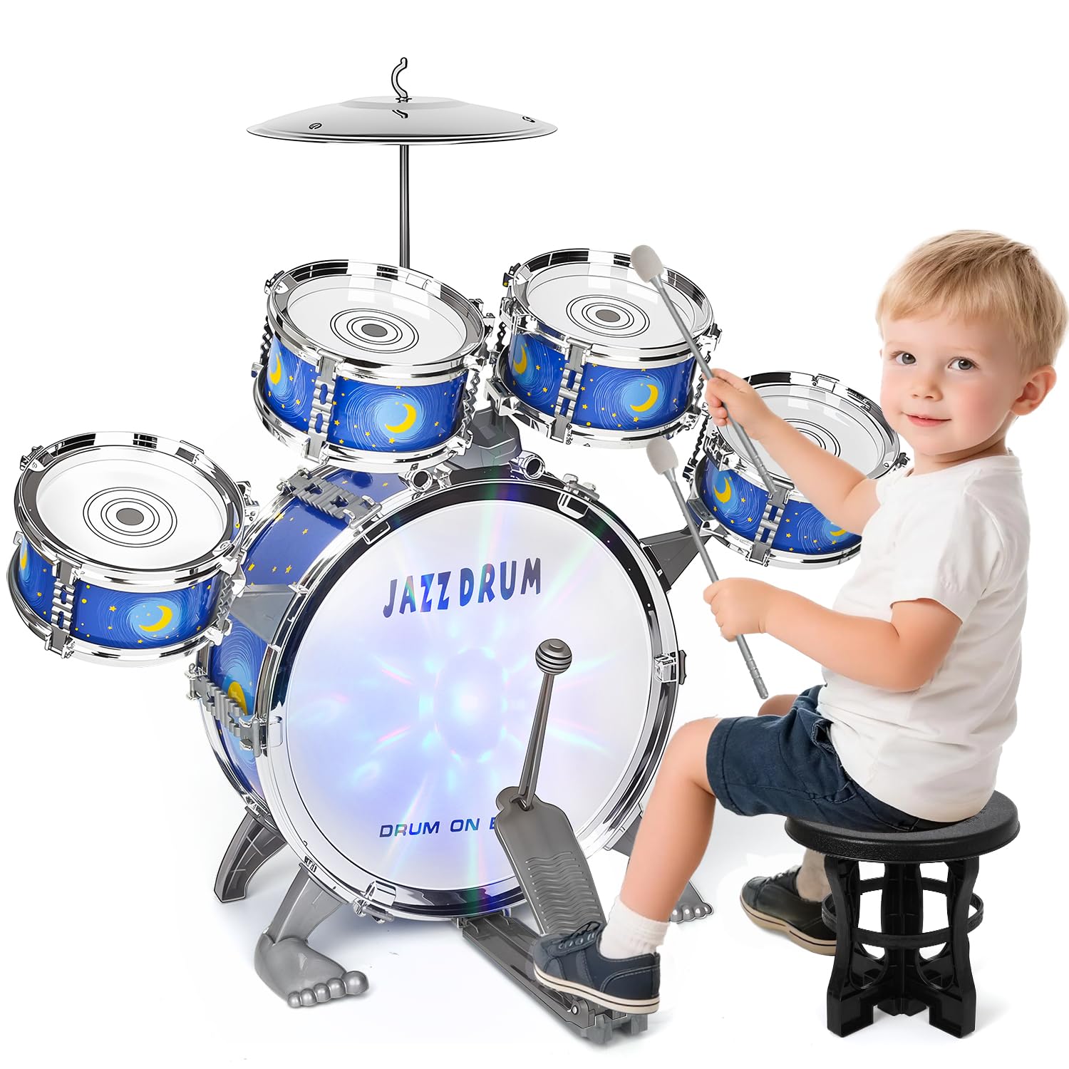 Kinder Schlagzeug Spielzeug, Kinderspielzeug Schlagwerk Drumset mit Hocker Musikspielzeug Weihnachten Geburtstag Geschenk für 3-6 Jahre Kleinkinder Jungen Mädchen, Blau Small Angebot bei HelloDeals