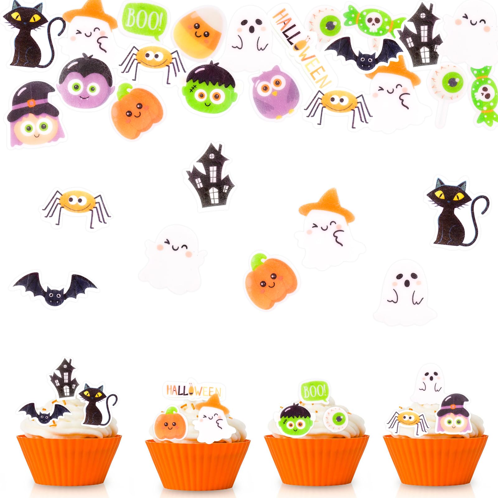 ENLACE 60 Stück Essbare Tortendeko Halloween Deko Kuchen, Cupcake Topper Halloween Deko Torte Essbar,BOO Geist Tortendeko Essbar, Esspapier Fledermaus Muffin Dekoration für Halloweenparty Horrorparty Angebot bei HelloDeals
