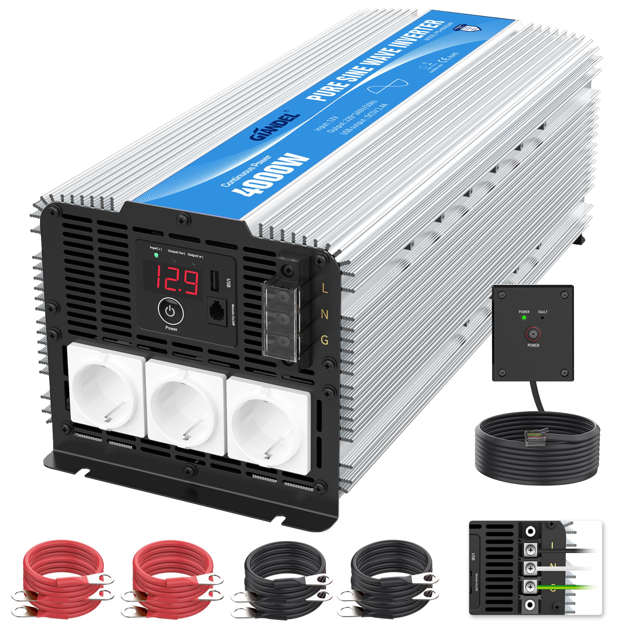 GIANDEL 4000W Wechselrichter 12V auf 230V Reiner Sinus Spannungswandler Kompatibel mit LiFePO4 für Zuhause, Wohnmobil, Camping, Off-Grid Solarstrom Power Inverter mit Fernbedienung 4000W/12V Angebot bei HelloDeals