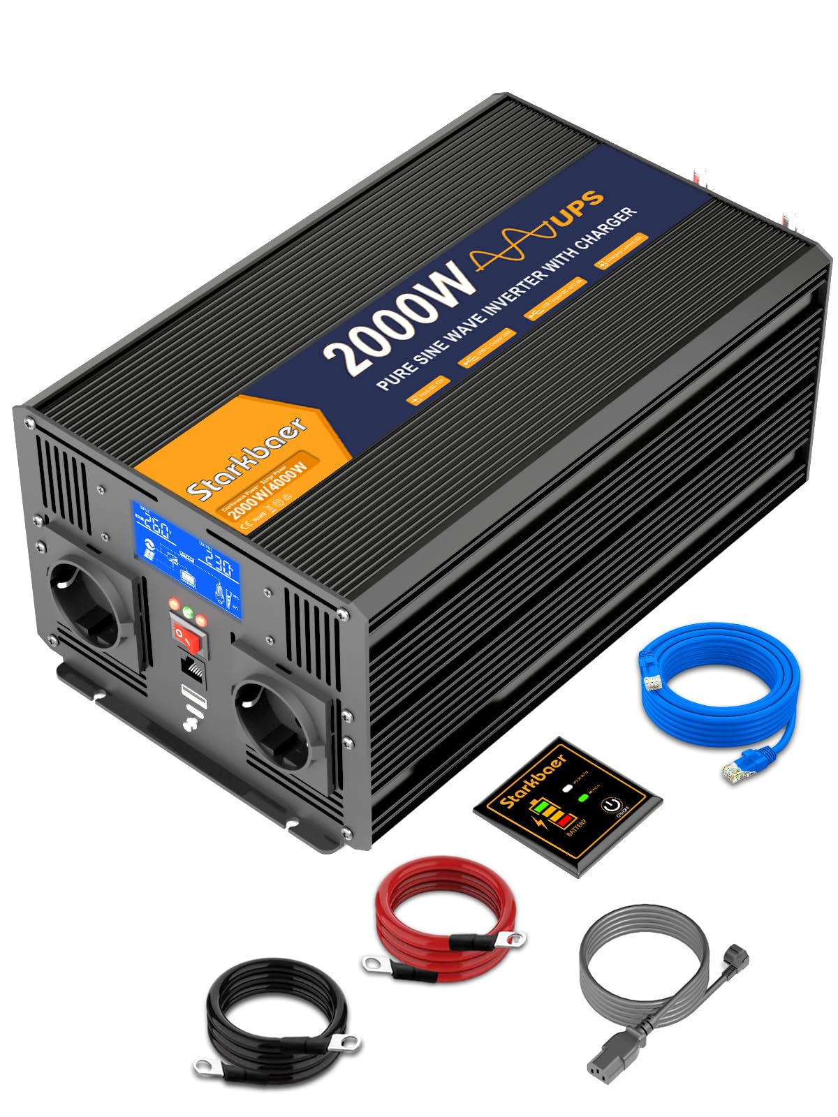 Starkbaer UPS 2000W Converter 12V 220V Pur Sinus Wechselrichter Transformator Mit 30A-Ladegerät, 2 EU Steckdosen, 5M Fernbedienung und LCD Bildschirm für Hausnotruf, Reisen im Freien (2000W12V) USV 2000W Angebot bei HelloDeals