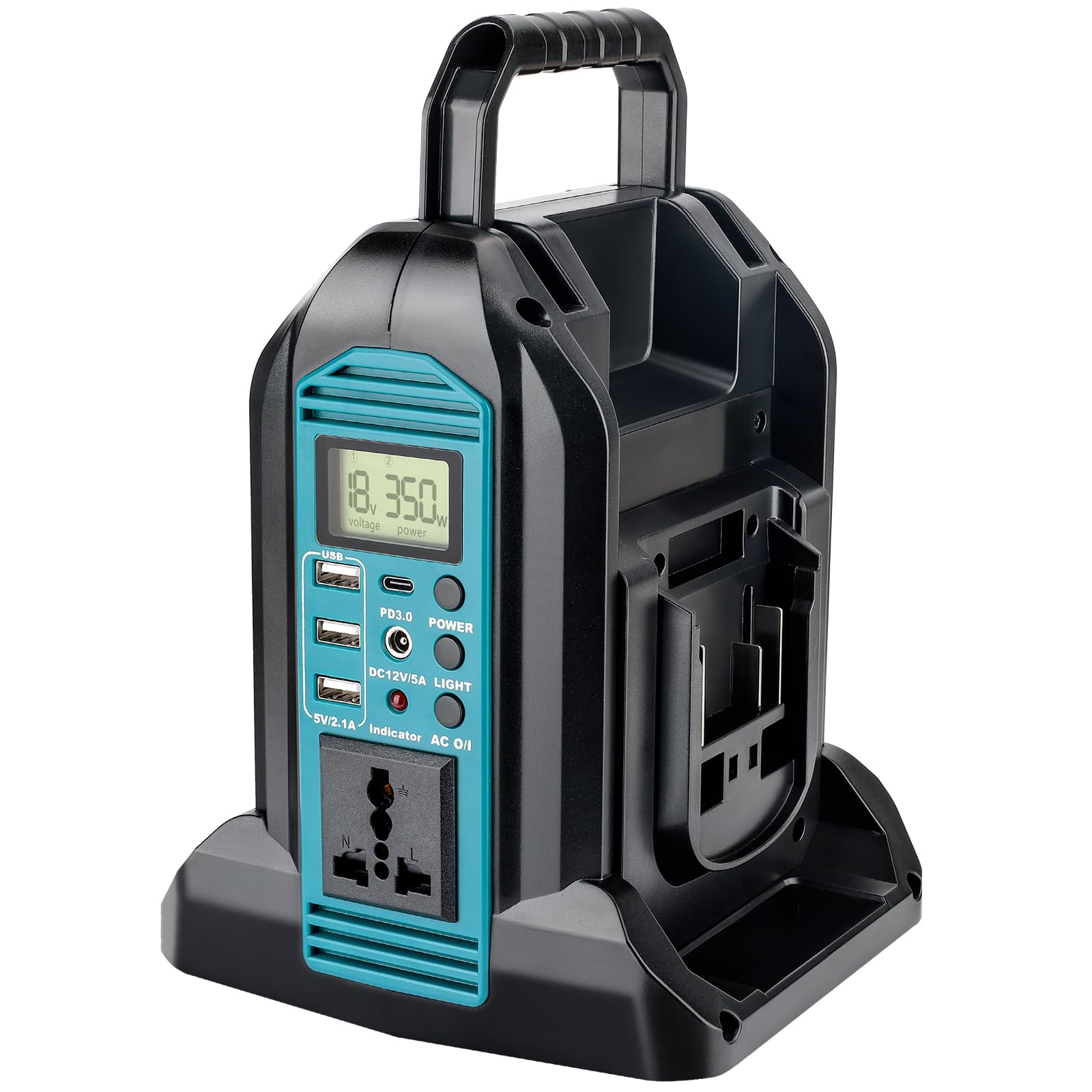 350w Wechselrichter für Makita 18v Akku, DC 18V auf AC 230V Reiner Sinus Spannungswandler, 2 Ports Stromwandler mit USB-A & USB-C Anschluss, 300LM LED Licht für Camping Notfall Angebot bei HelloDeals