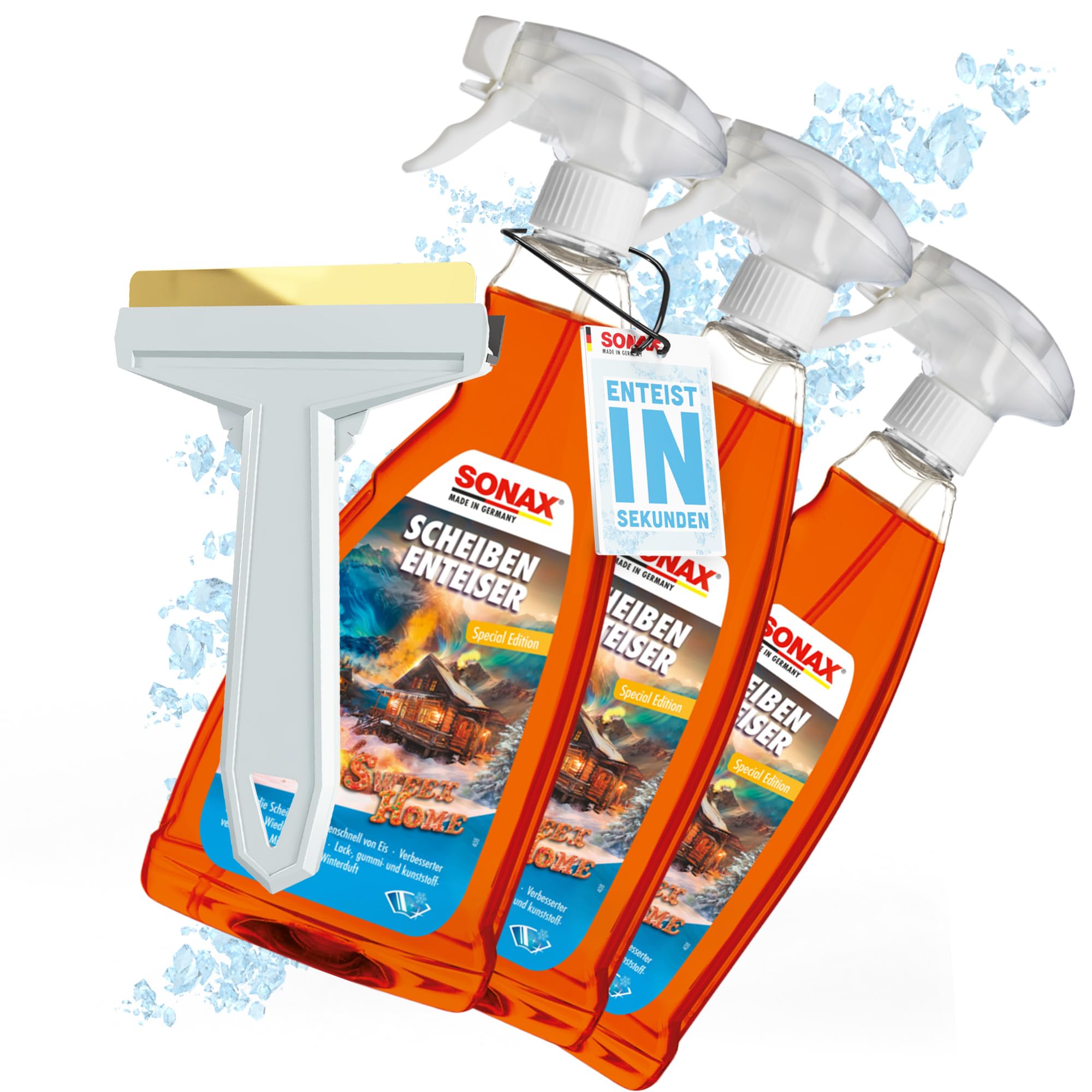 Auto Scheibenenteiser Set | 3X Sonax Scheiben Enteiser Spray Sweet Home 1 Liter für Autoscheiben + 1x Murska Eiskratzer mit Messingklinge | Enteiserspray für klare Sicht 3x Scheibeneteiser + 1x Eiskratzer Angebot bei HelloDeals