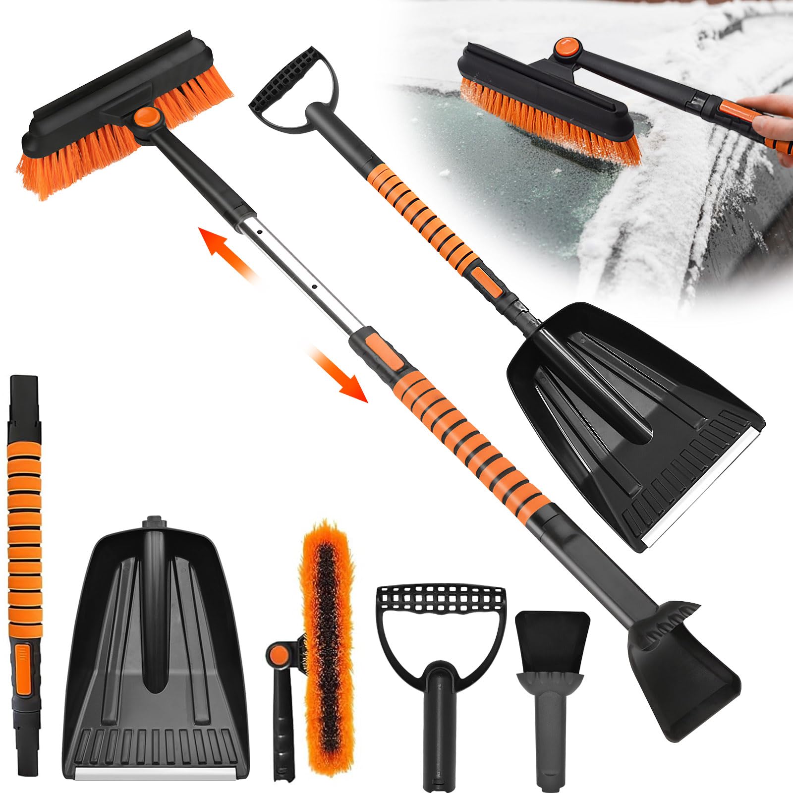 JNUYISW Eiskratzer Auto mit Besen, 5 in 1 Ausziehbarer Abnehmbarer Eisschaber Schneeschaufel 180°Drehbarer Schneebesen mit Ergonomischem Schaumstoffgriff Scheibenkratzer für Auto SUV Truck LKW Angebot bei HelloDeals
