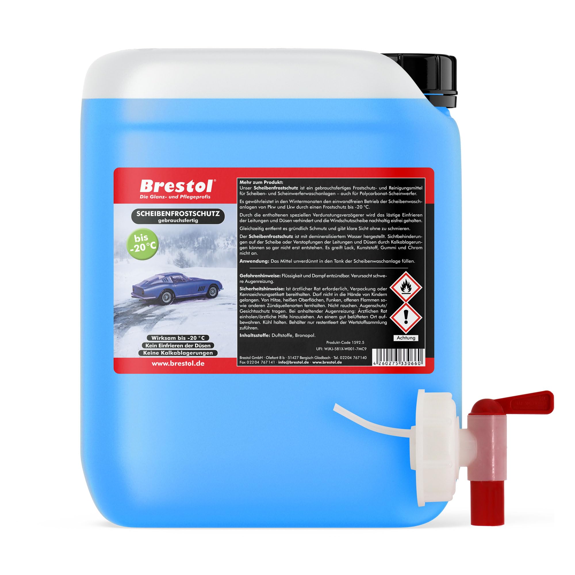 Brestol Scheibenfrostschutz 25 Liter gebrauchsfertig -20 °C inkl. Auslaufhahn 61 mm - Waschanlagenzusatz Antifrost Anti-Frost Klarsicht Enteiser Scheibenenteiser Klare Sicht Angebot bei HelloDeals