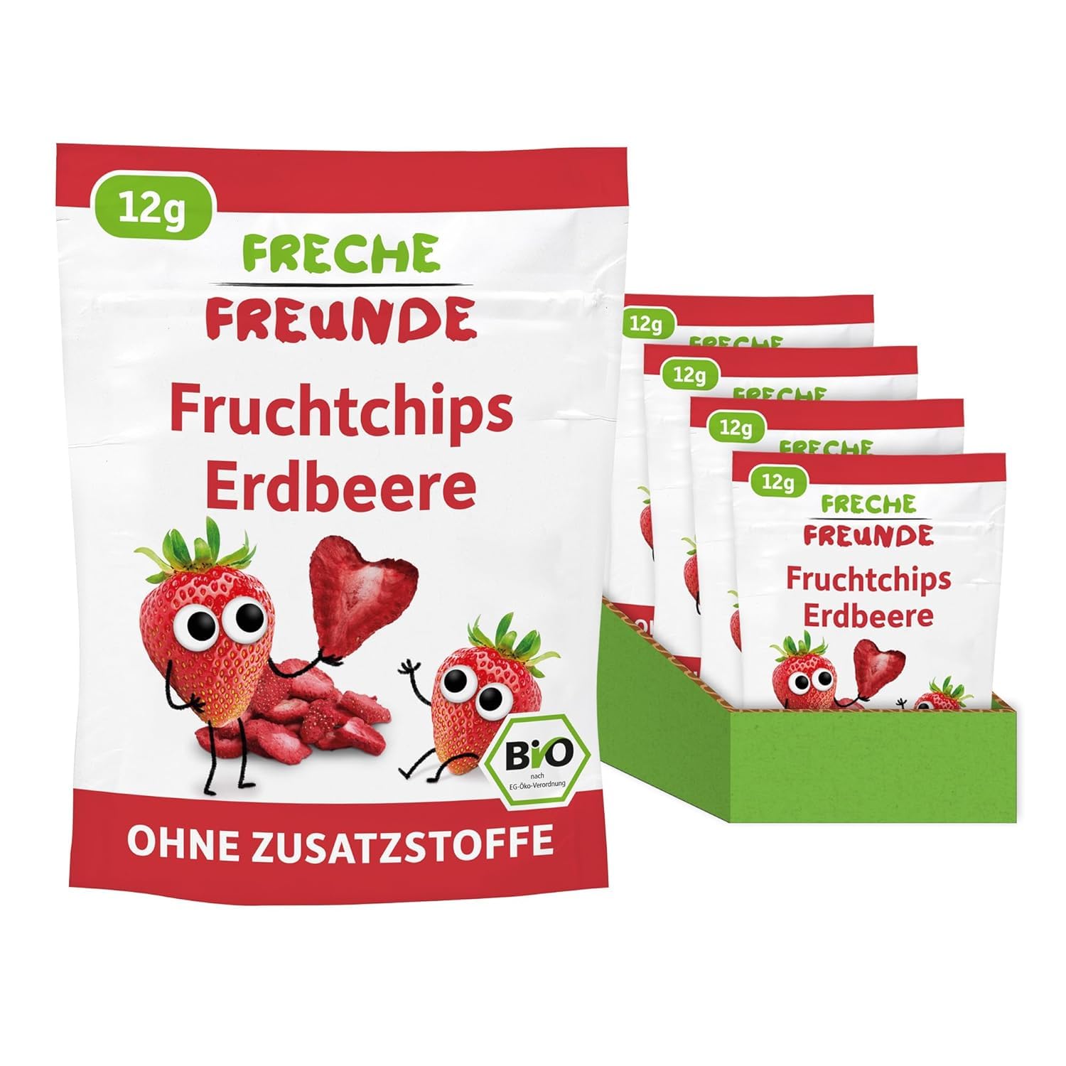 FRECHE FREUNDE Bio Fruchtchips Erdbeere, gefriergetrocknete Obst Chips, natürliche Trockenfrüchte in Scheiben ohne Zuckerzusatz, vegan, laktosefrei, glutenfrei, 12er Pack (12 x 12g) Erdbeere 12er Pack Angebot bei HelloDeals