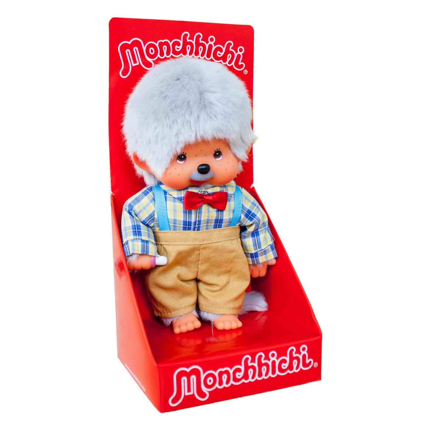 Sekiguchi 233140 - Original Monchhichi Großvater, Plüschfigur mit kariertem Hemd, Fliege und beigefarbener Hose, ca. 20 cm großes Kuscheltier aus grauem Plüsch Angebot bei HelloDeals