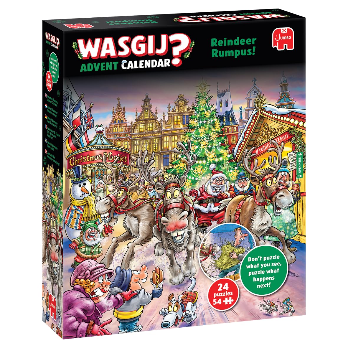 Wasgij Weihnachtspuzzle Adventskalender 2025, Rentier Raserei - Tägliches Puzzleset, 24 Tage Puzzle, 54-teilige Puzzles für Erwachsene 100 Prozent recycelter Karton für Erwachsene Festlicher Countdown Angebot bei HelloDeals