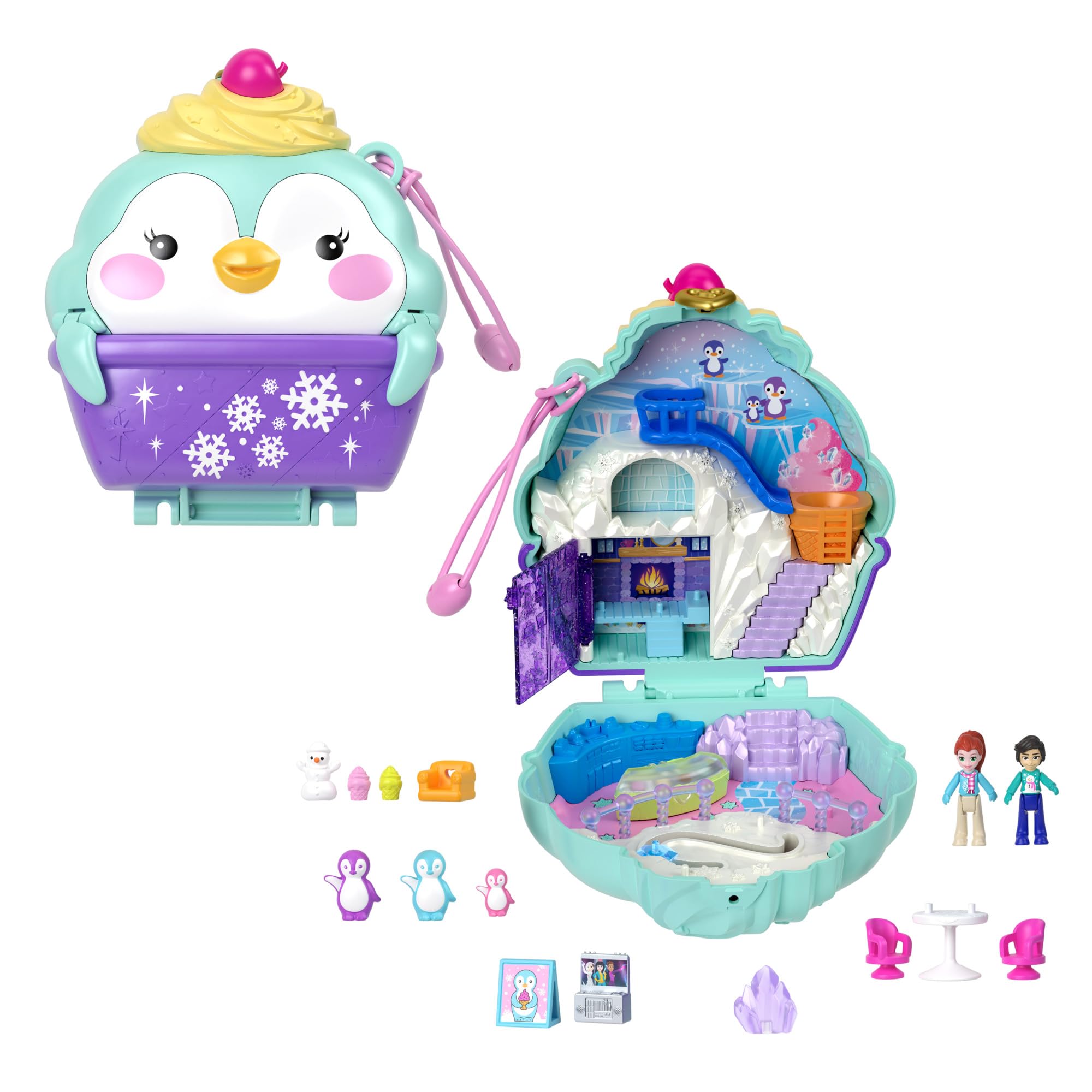 Polly Pocket Winterliche Pinguin Schatulle - Spielset mit 2 Puppen, 12 Accessoires und 6 Elementen im Winter-Wunderland, Schneemann und Iglu-Rutsche, für Kinder ab 4 Jahren, HRD34 Violett Angebot bei HelloDeals