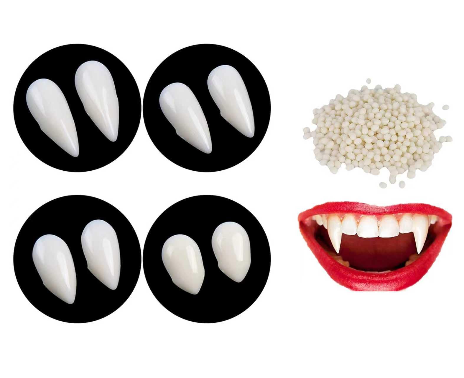 DERAYEE 4 Paar Halloween Vampirzähne Gebiss Fangs,Gefälscht Zähne mit Pellets Kleber für Cosplay,Requisiten,Halloween, Dämon, Hexe (2) Angebot bei HelloDeals