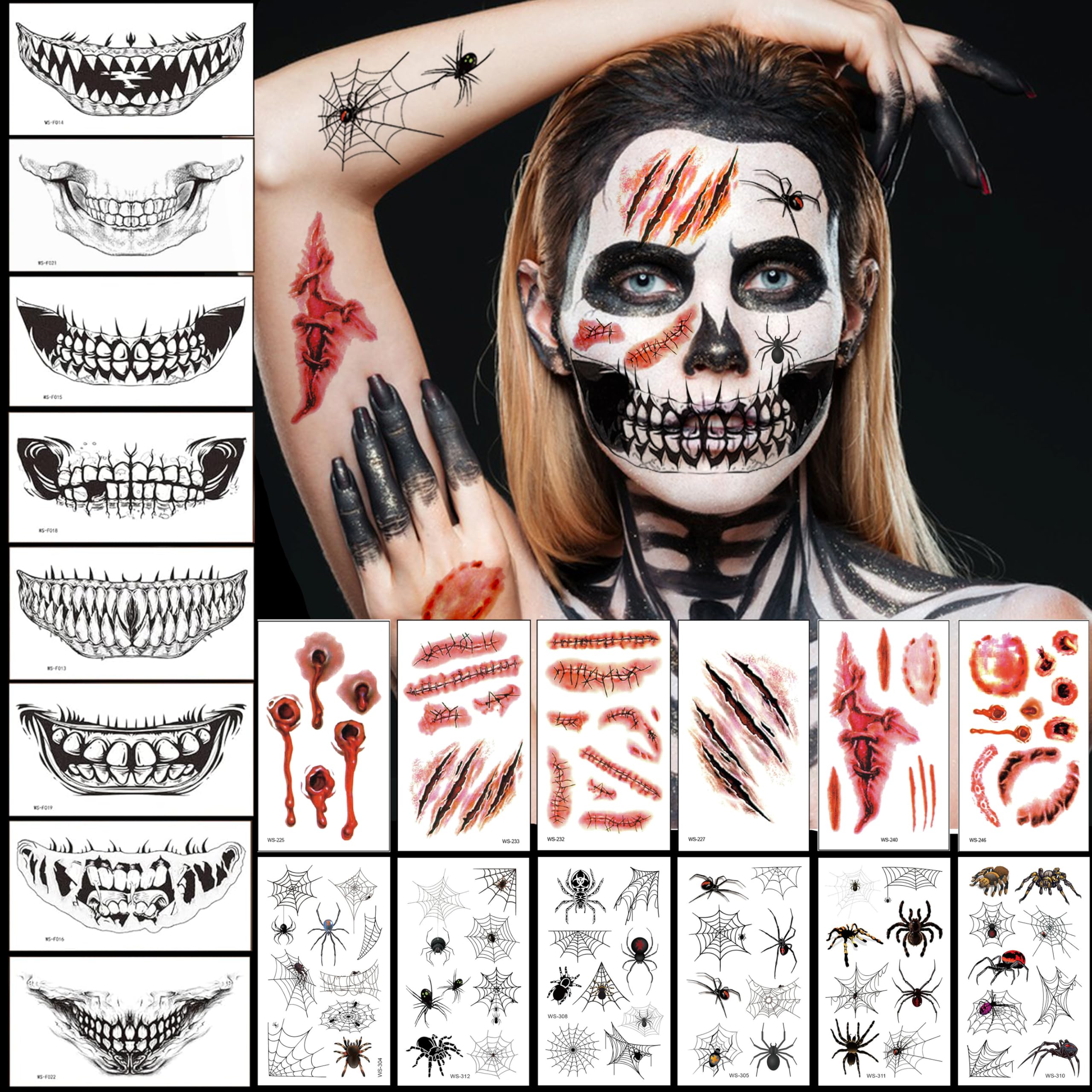 Halloween Tattoo Gesicht, 20 Blatt Halloween Kostüm Damen Gruselig Gesichtstattoo, Horror Mund Narben Wunden Spinnen Tattoos Aufkleber, Skelett Zombie Vampir Schminke Make Up Mund+Wunden+Spinne A Angebot bei HelloDeals