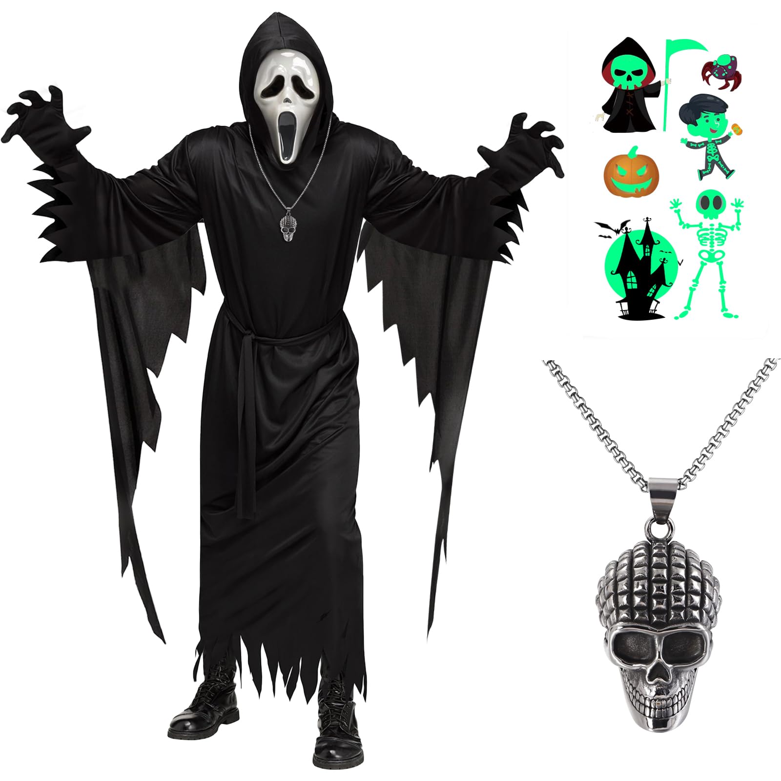 Scream Kostüm Kinder 5-14 Jahre Ghostface Kostüm Kinder Jungne mit Ghost Maske Halloween Kostüm Scream Ghostface Kinder 110-160 Ghost Face Scream Kostüm Umhang Sensenmann Kostüm Kinder für Halloween Angebot bei HelloDeals