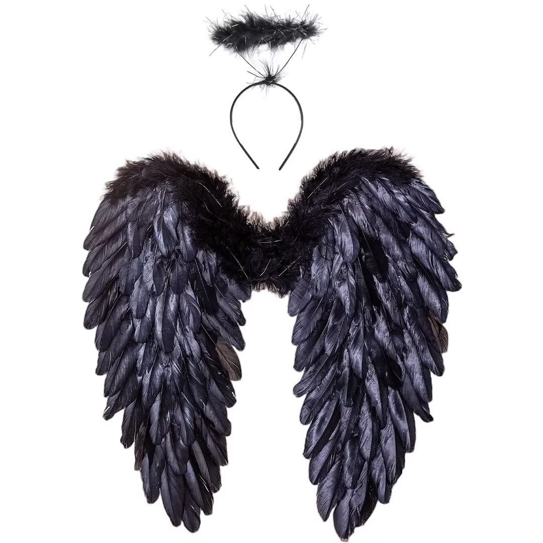 Winwild Engelsflügel mit Heiligenschein,Engel und Teufel Flügel Kostüm für Damen und Mädchen Kinder für Halloween Karneval Cosplay Party Fasching Kostümparty Verkleidung(Schwarz,45 x 45 cm) Schwarz 45 x 45 cm Angebot bei HelloDeals