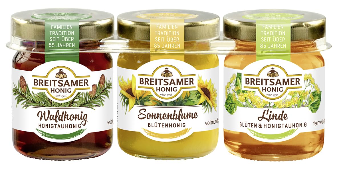 Breitsamer Honig Dreierlei 3 x 67g - Waldhonig, Sonnenblumenhonig und Lindenhonig - Drei leckere Sorten zum Probieren oder als Geschenk (insgesamt 201g Honig) 3er pack x 67 g (201g) Angebot bei HelloDeals