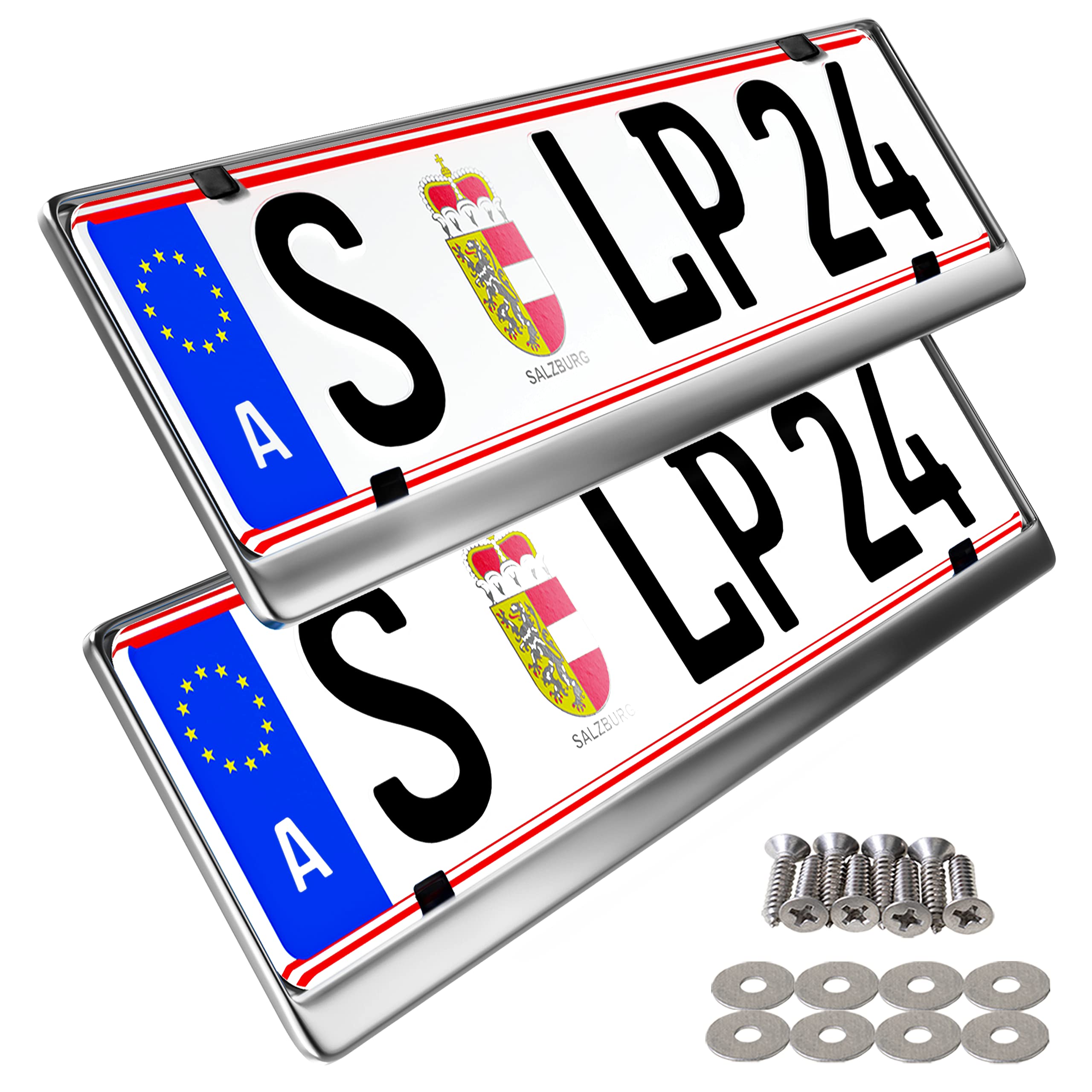 2 x Kennzeichenhalter in Edelstahl poliert - 100% Edelstahl -auch passend für Gebogene Stoßstangen- Maße 520 x 120mm für ÖSTERREICH,DÄNEMARK,SLOWENIEN,UNGARN (Chrom) Angebot bei HelloDeals