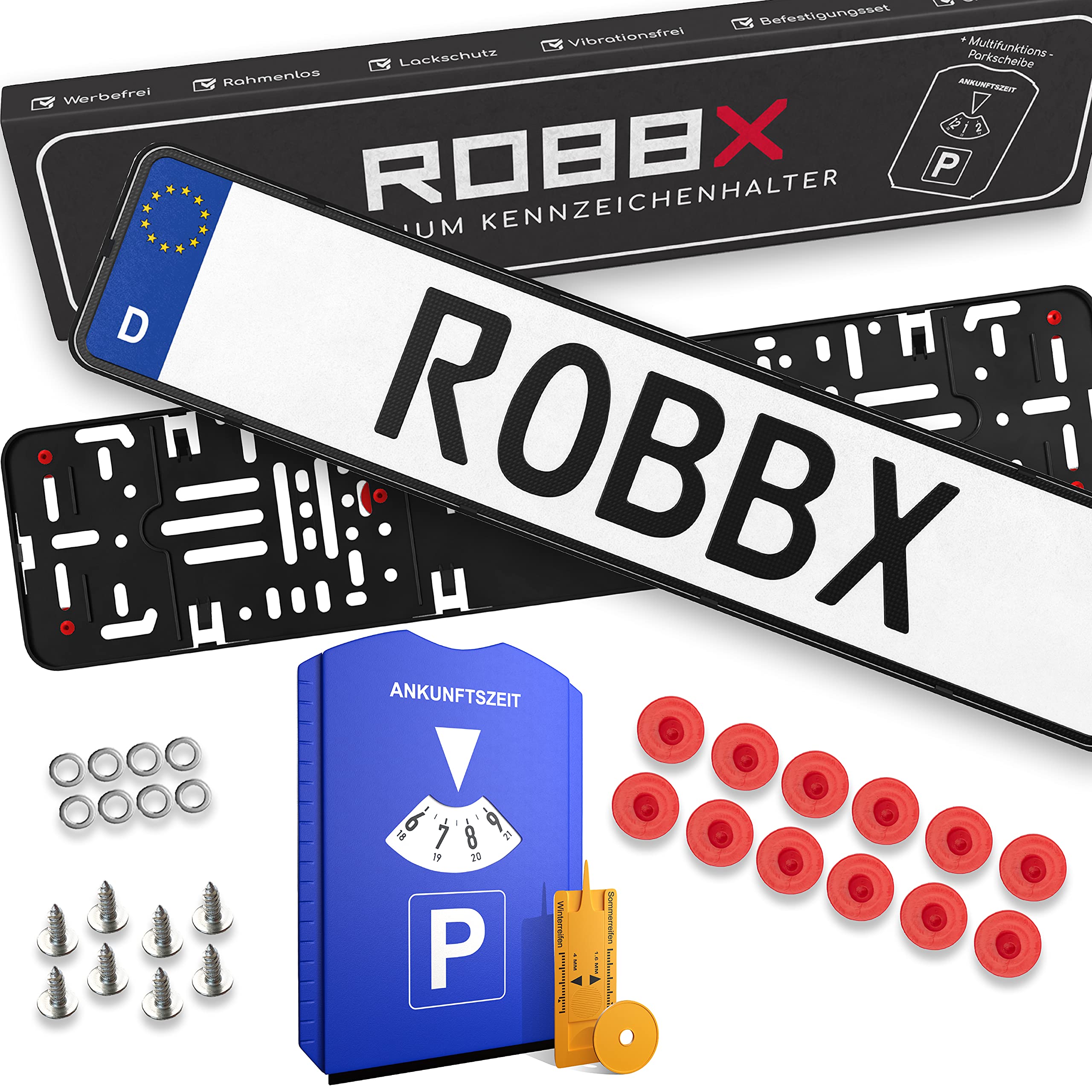 ROBBX® 2X Rahmenlose Auto Kennzeichenhalter | Vibrationsdämpfer für Lackschutz | 5 in1 Parkscheibe | Befestigungskit | Nummernschildhalter werbefrei Angebot bei HelloDeals