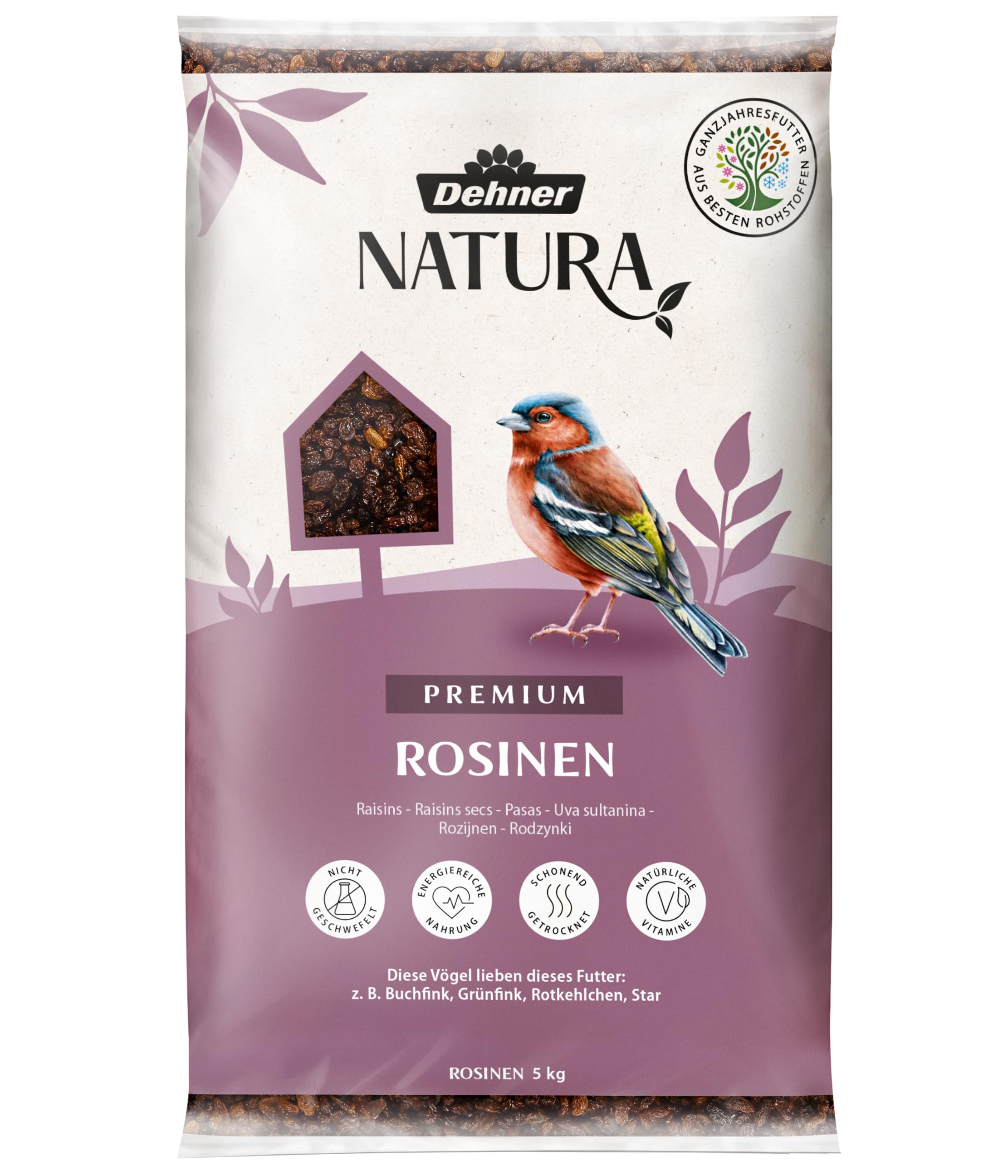 Dehner Natura Premium Wildvogelfutter, Rosinen Delikatesse, Futterrosinen, Ganzjahresfutter energiereich, hochwertiges Vogelfutter für Wildvögel, 5 kg Angebot bei HelloDeals