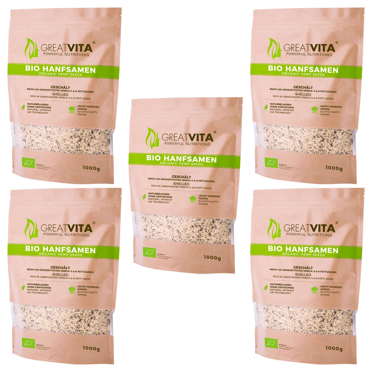 GreatVita Bio Hanfsamen, geschält, (5 x 1000g) natürliches Protein, Eiweiß 1 kg (5er Pack) Angebot bei HelloDeals